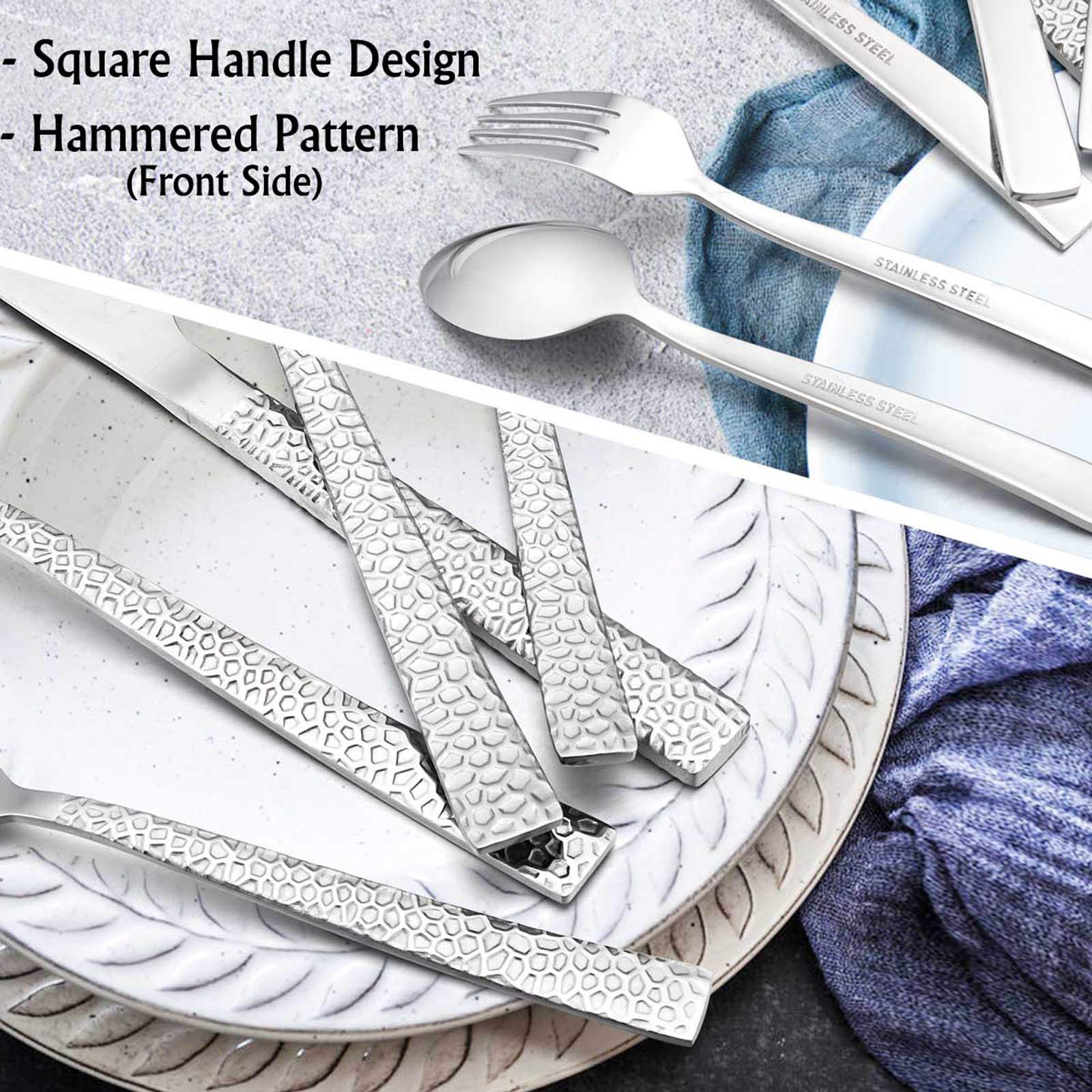 E-far mirror-polished flatware finish adds bright table appeal.