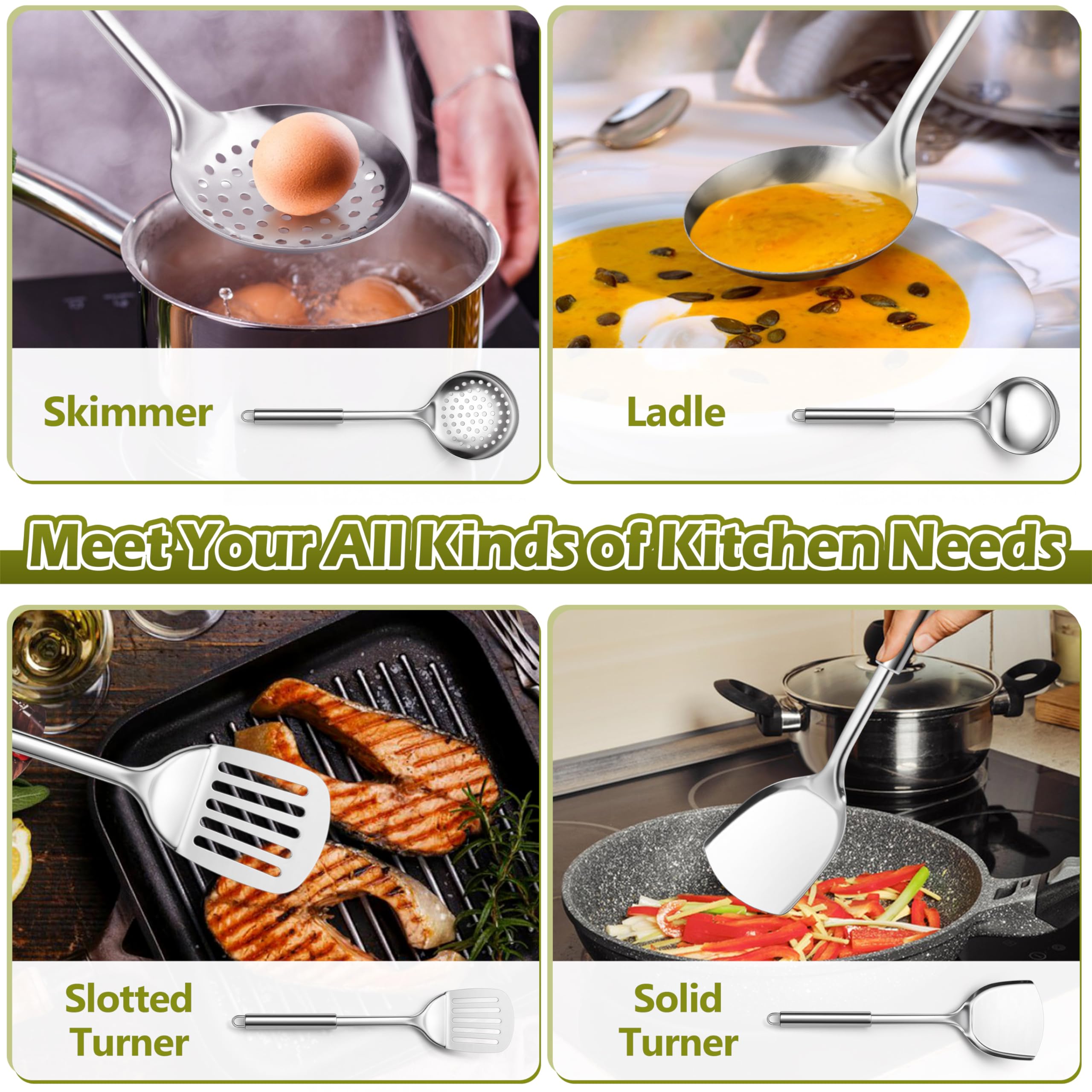 E-far mirror-polished utensil heads glide smoothly without scratching cookware.