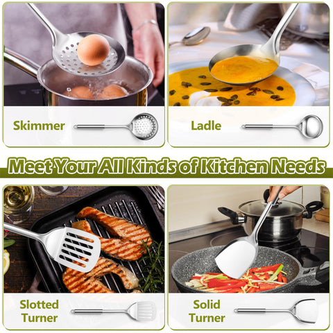 E-far mirror-polished utensil heads glide smoothly without scratching cookware.