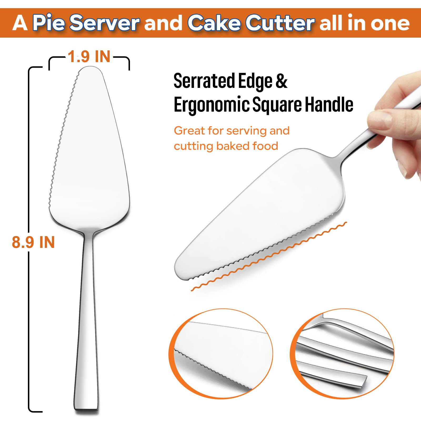 E-far pie server with serrated edge for cleanly cutting baked goods