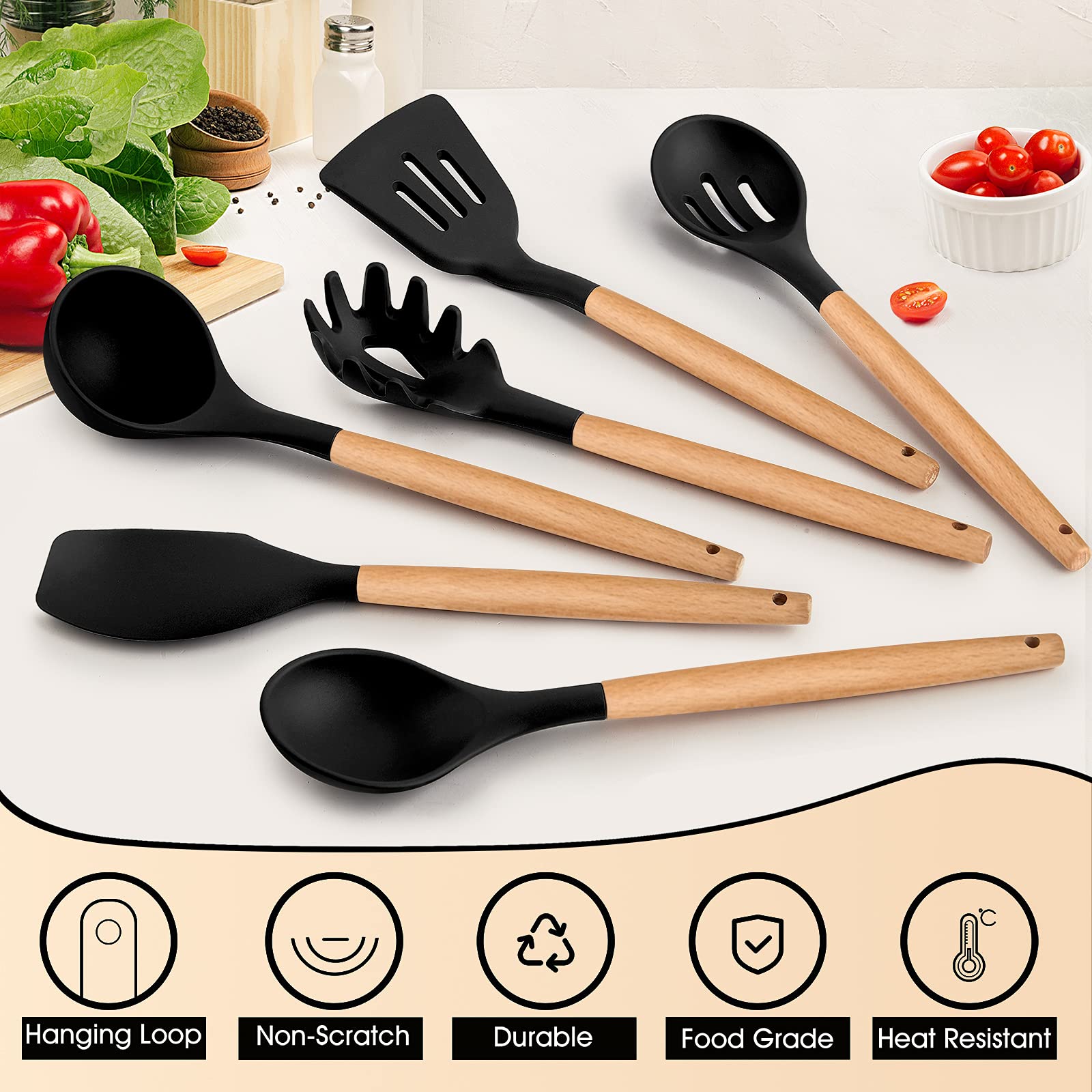 E-far silicone slotted spoon for safe stirring and serving.