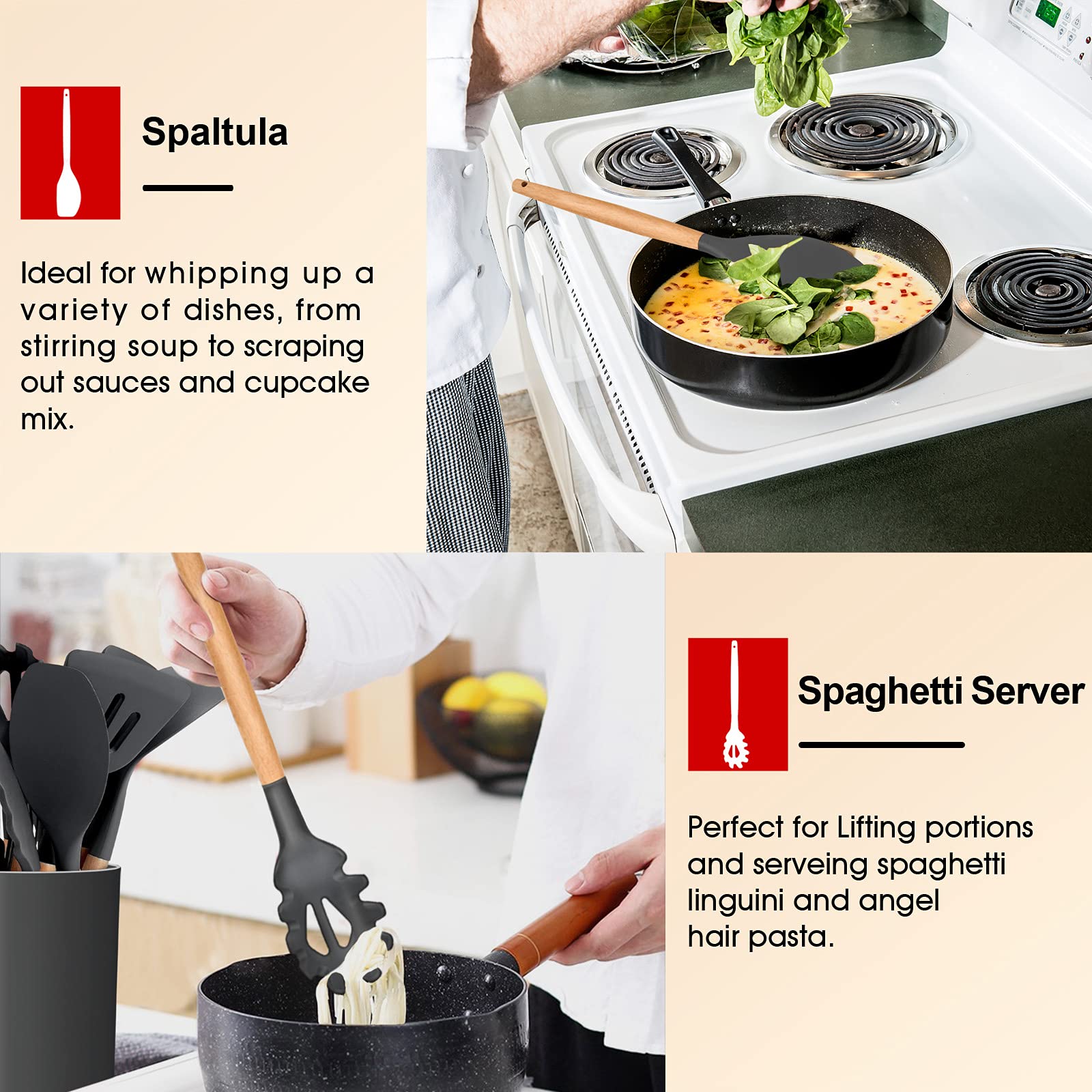 E-far spaghetti server with gray silicone tips, lift pasta easily
