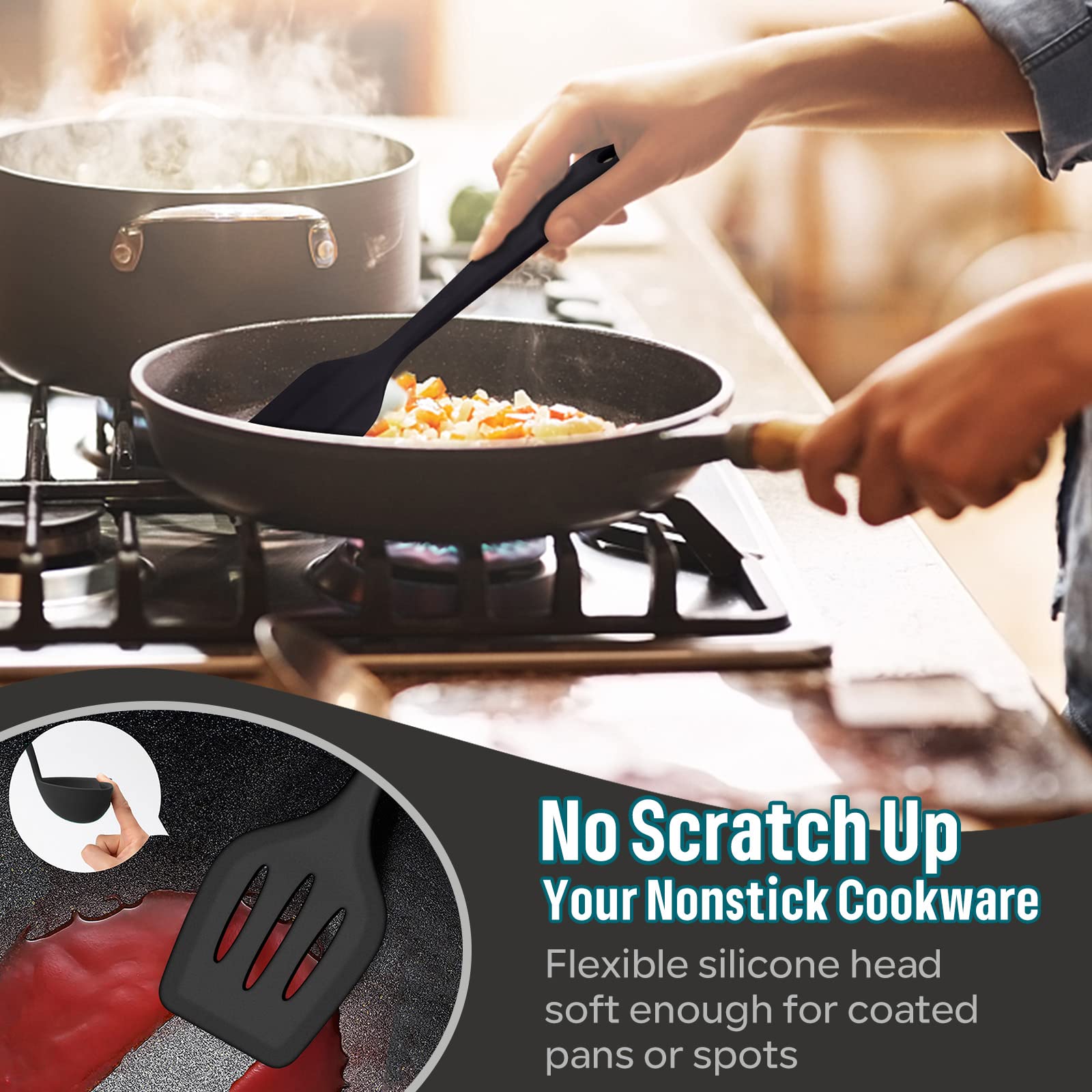 E-far silicone slotted spoon glides through food without sticking.