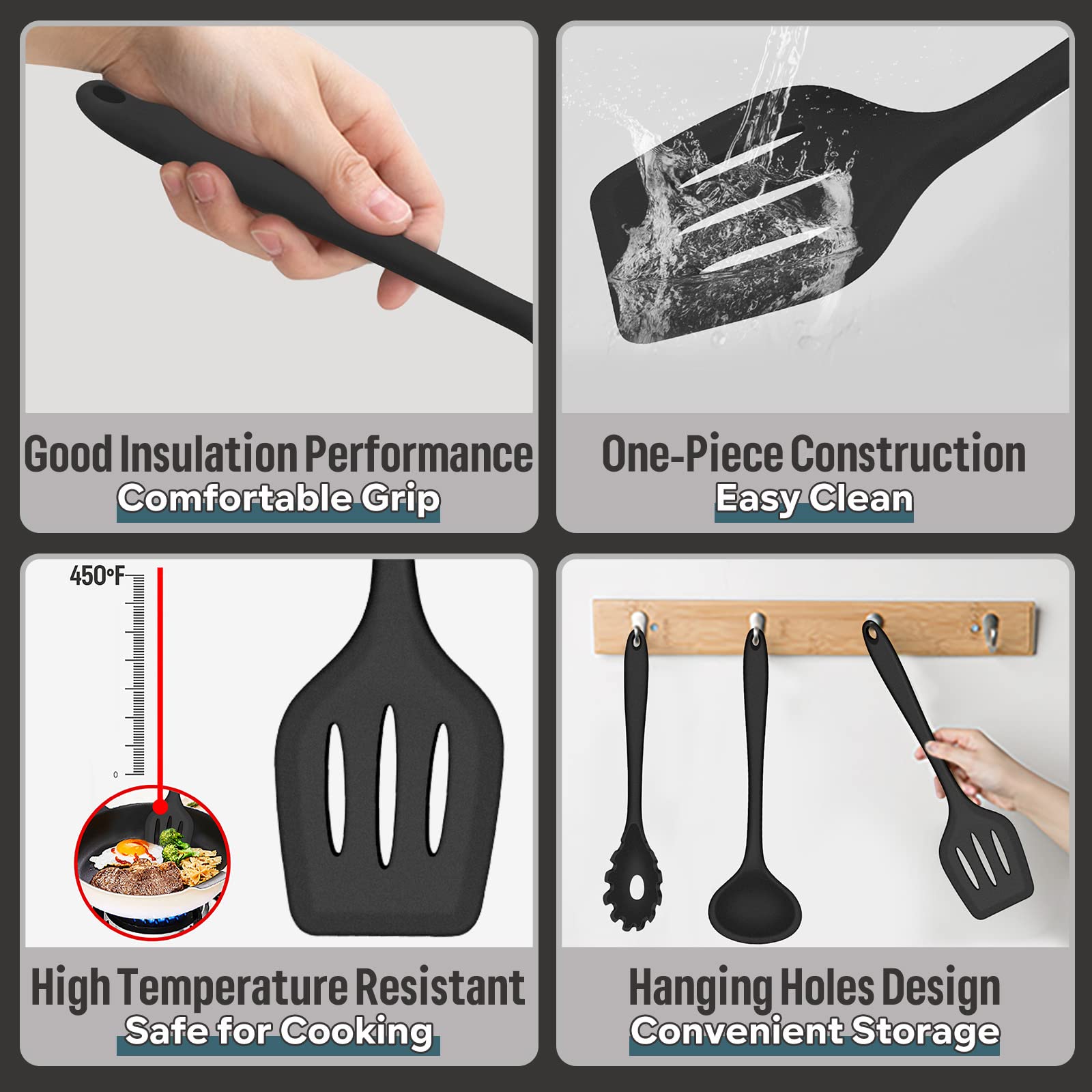 E-far silicone slotted turner protects nonstick cookware while draining liquids.