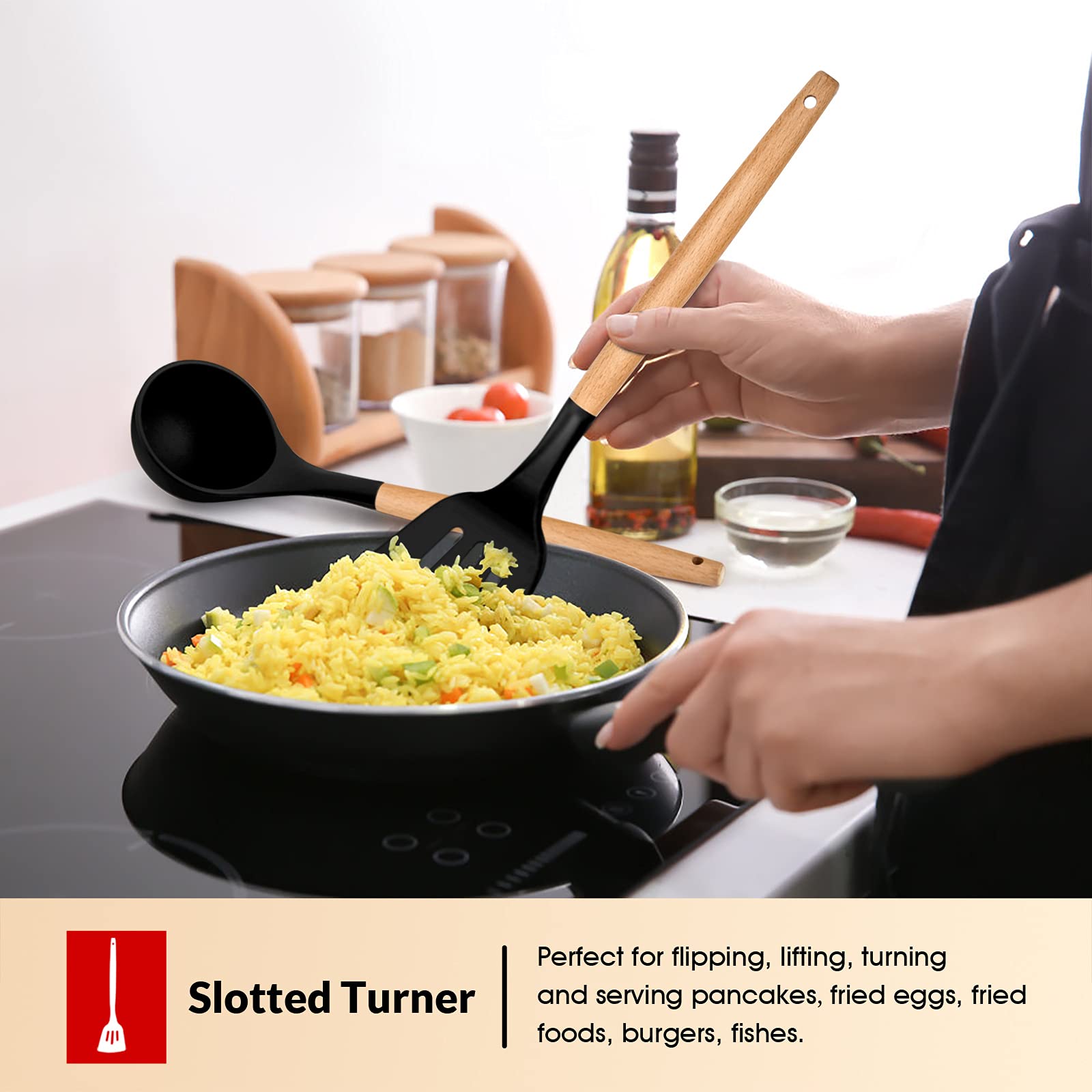 E-far soup ladle with heat-resistant silicone tip for smooth ladling.