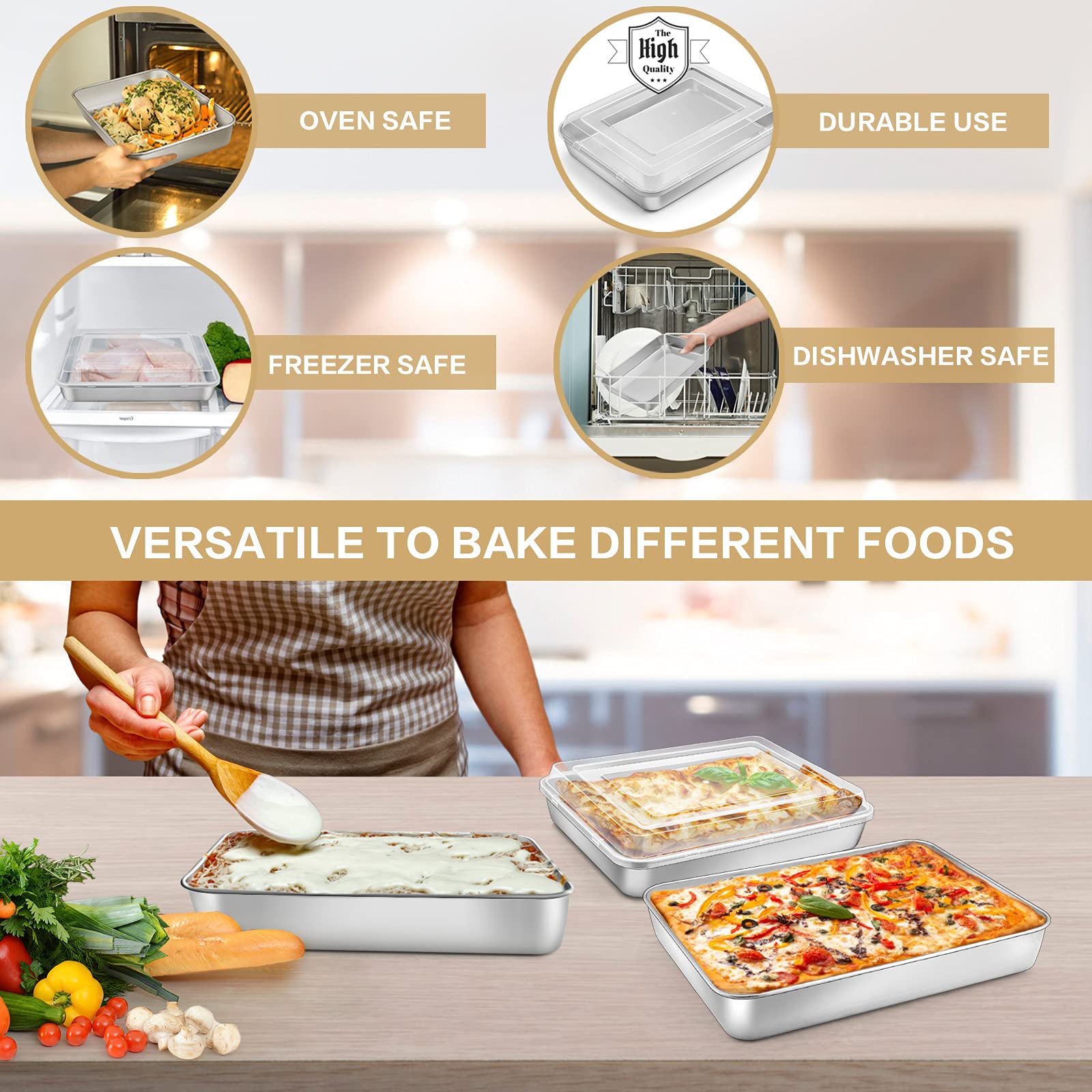 E-far stainless steel rectangular pan with brushed finish for durable everyday use.