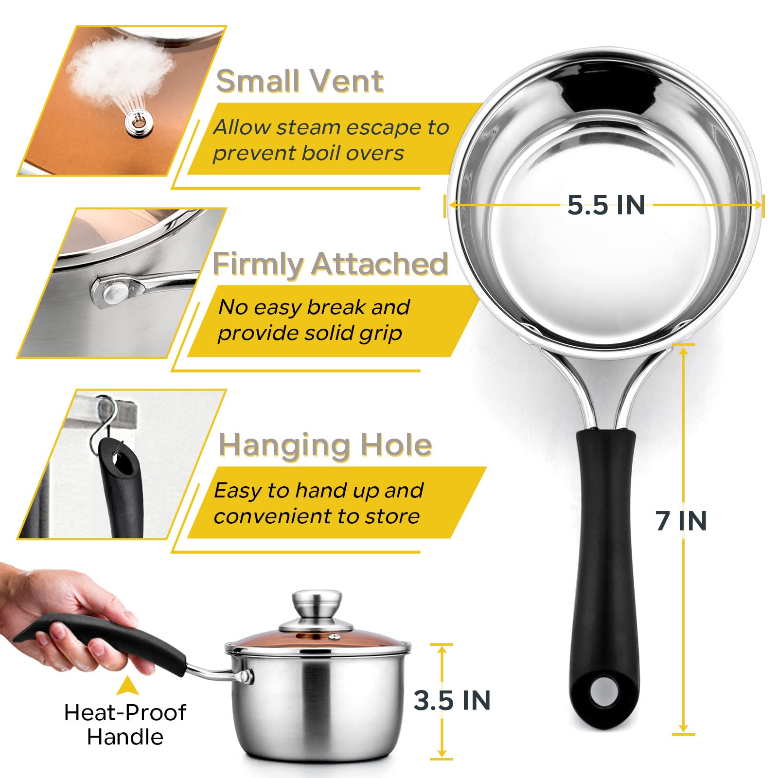 E-far stainless steel saucepan with riveted handle stays cool for safe handling