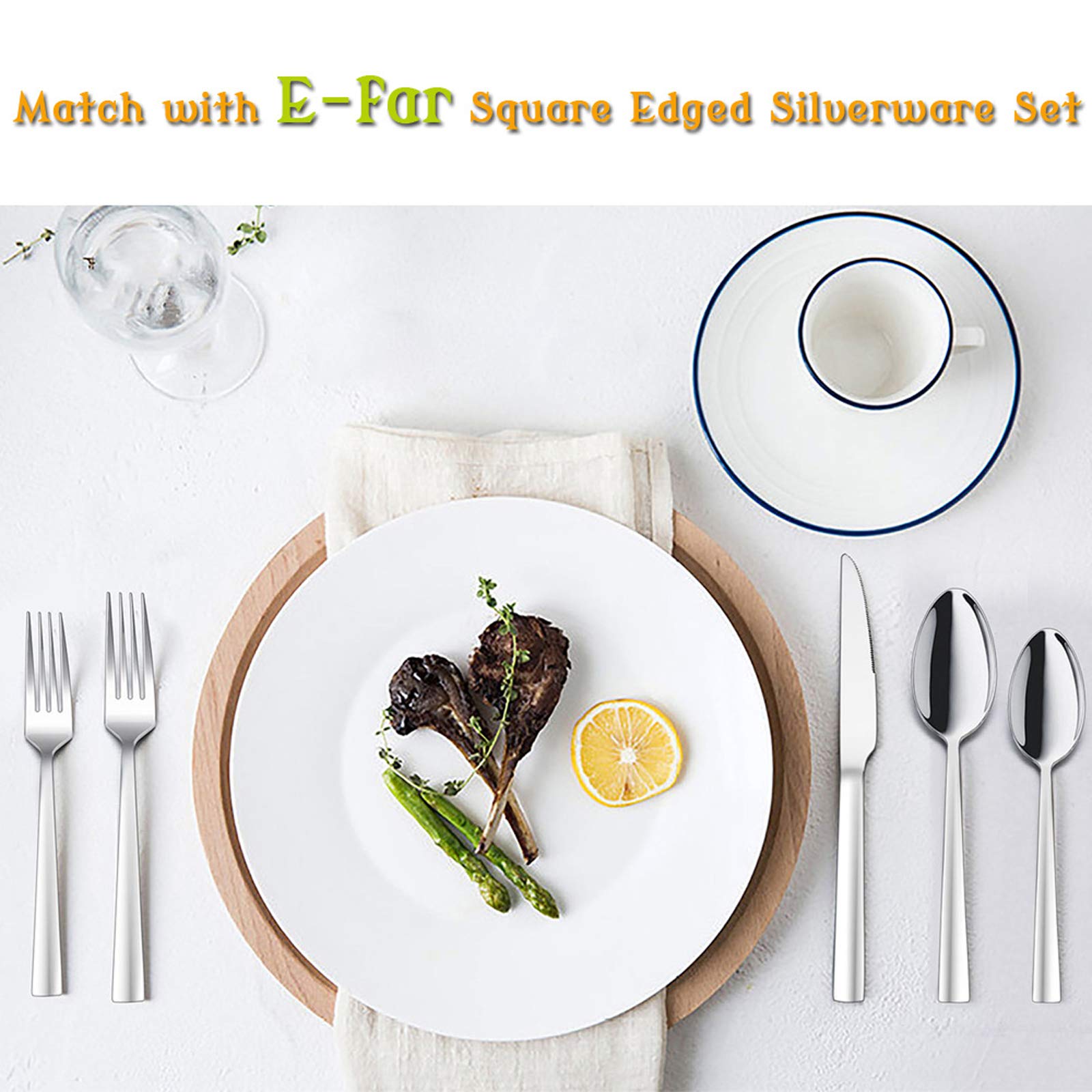 Table setting with E-far spoons illustrating versatile use for soup, cereal, and dessert.