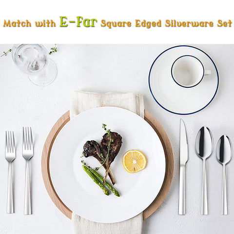 Table setting with E-far spoons illustrating versatile use for soup, cereal, and dessert.