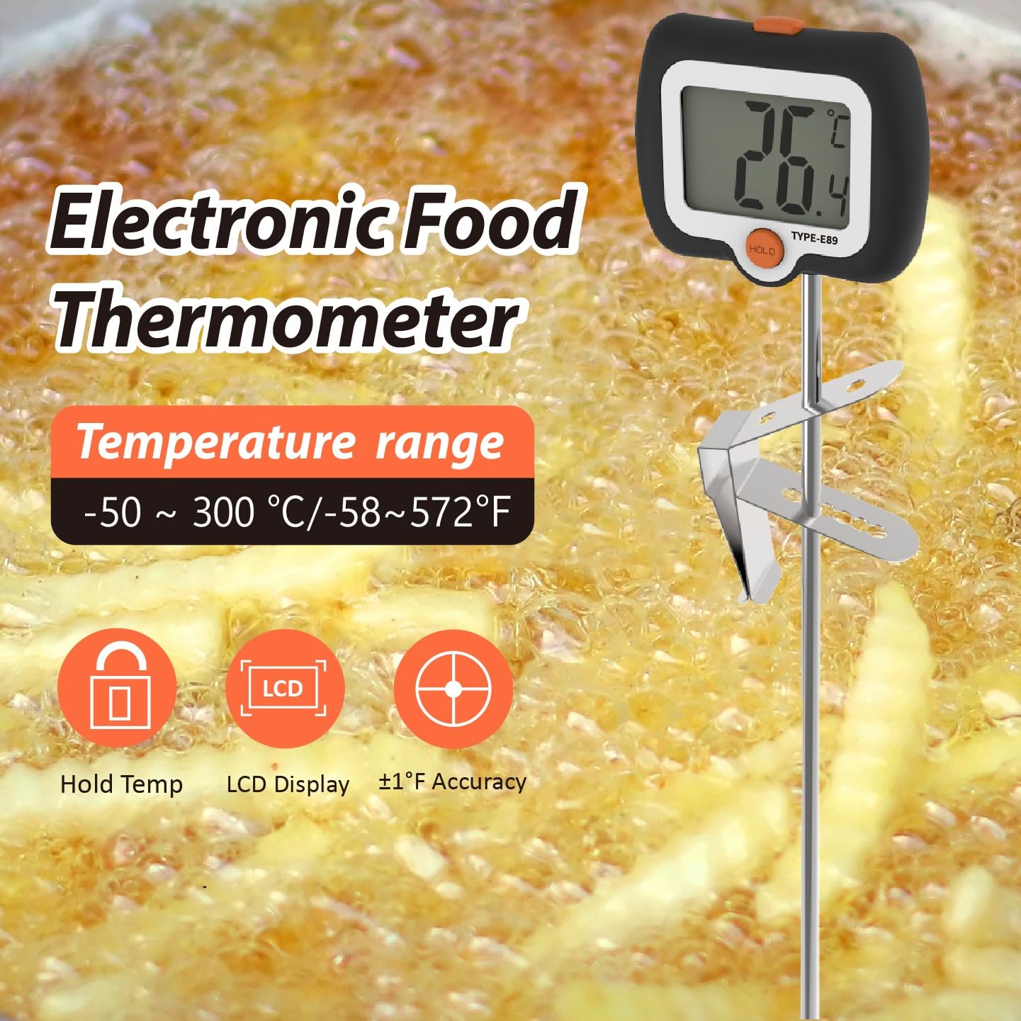 Efengcook thermometer with long probe reaching deep pots for frying.