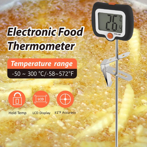 Efengcook thermometer with long probe reaching deep pots for frying.