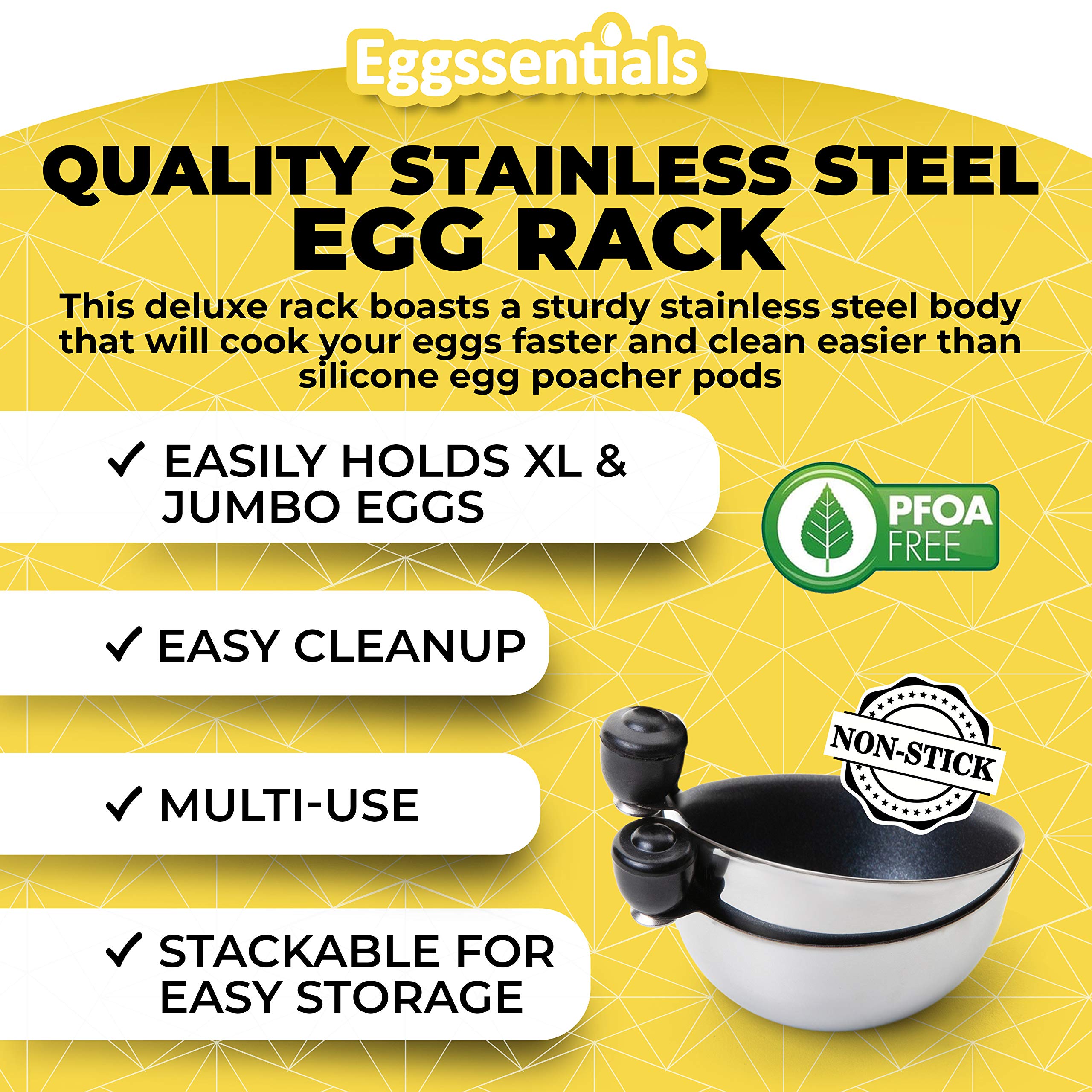 Eggssentials nonstick coating eases egg release and cleanup after poaching