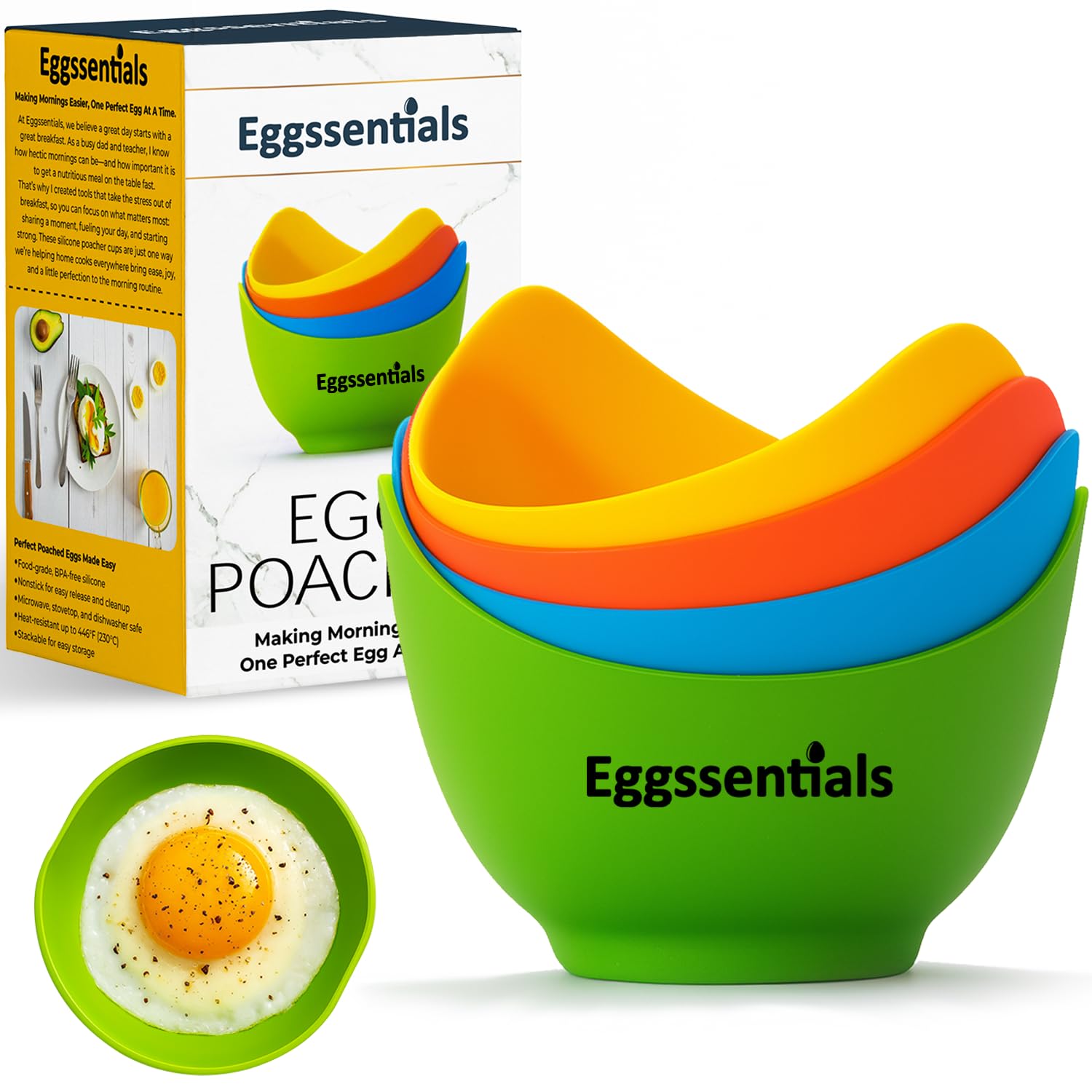 Eggssentials green poached egg cups for oil-free, perfect poached eggs.