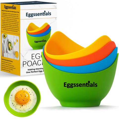 Eggssentials green poached egg cups for oil-free, perfect poached eggs.