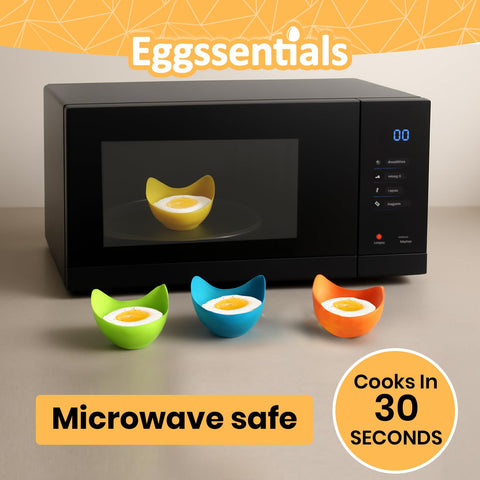 Eggssentials in-use silicone cups for easy release and clean poached eggs.