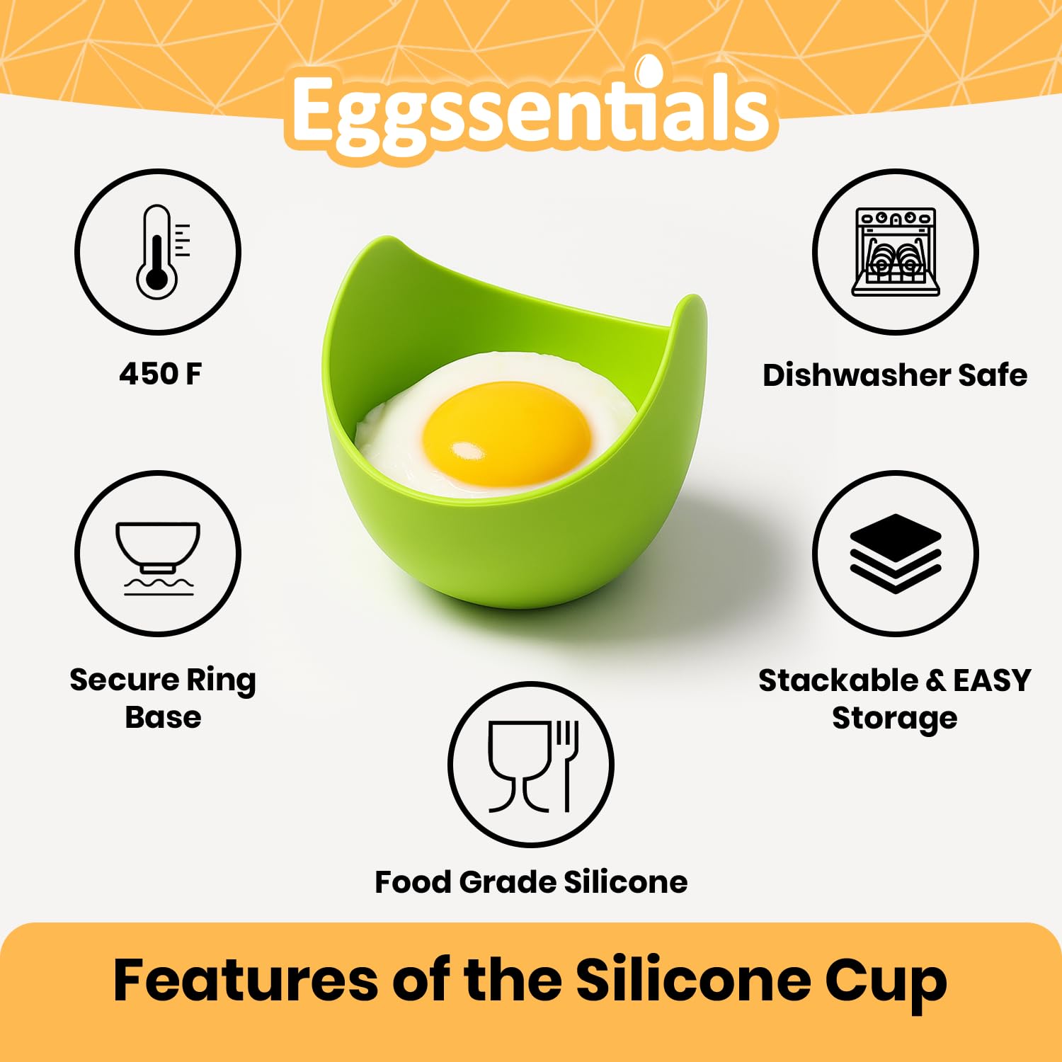 Eggssentials orange poached egg cups stackable for space-saving breakfasts.