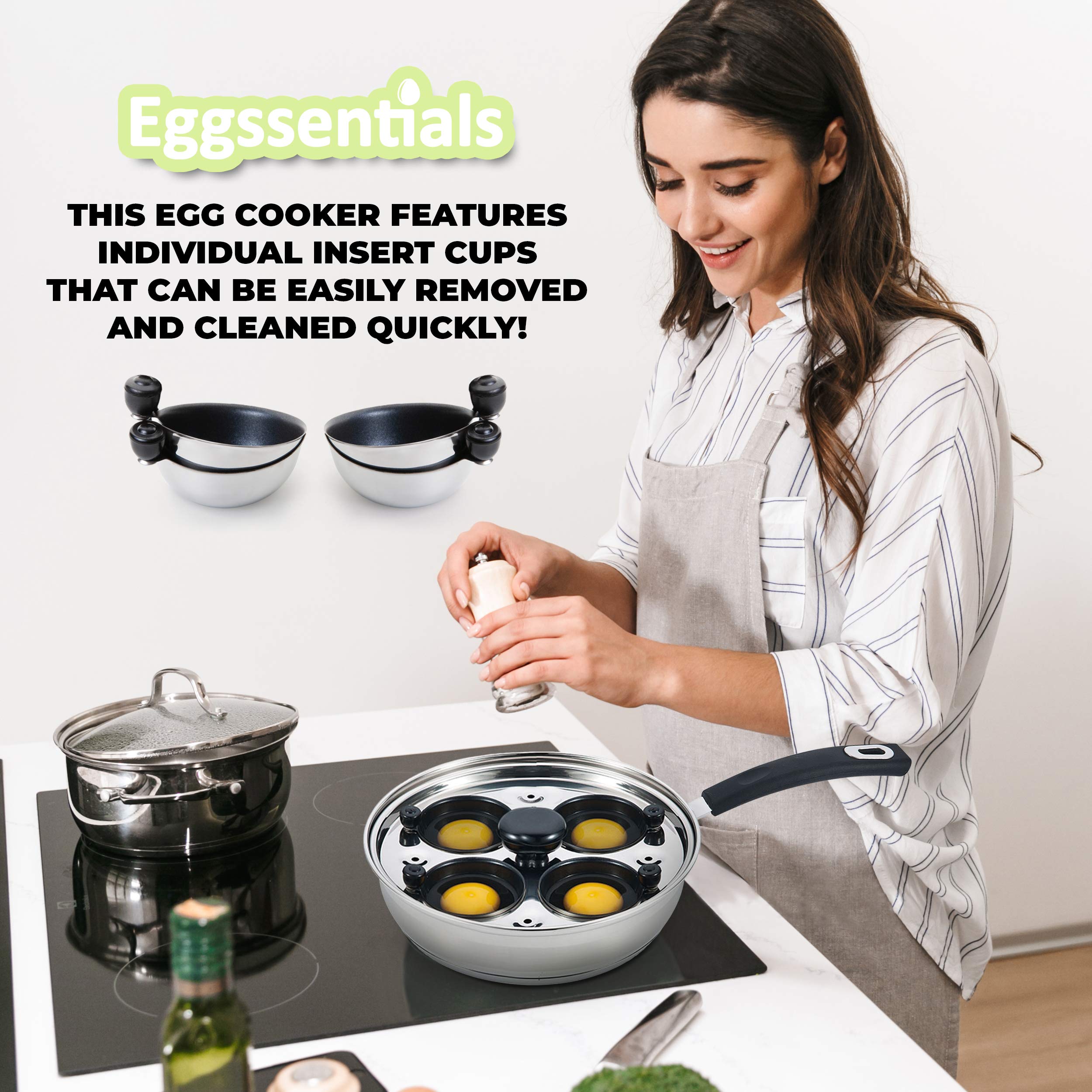 Stainless steel poacher pan for durable, even cooking.