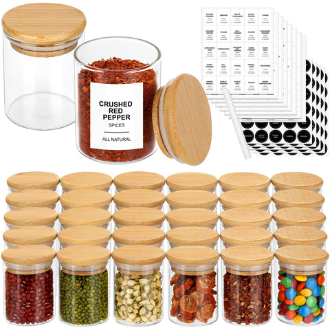 EgticHome 4oz glass jars with bamboo lids for compact spice storage.