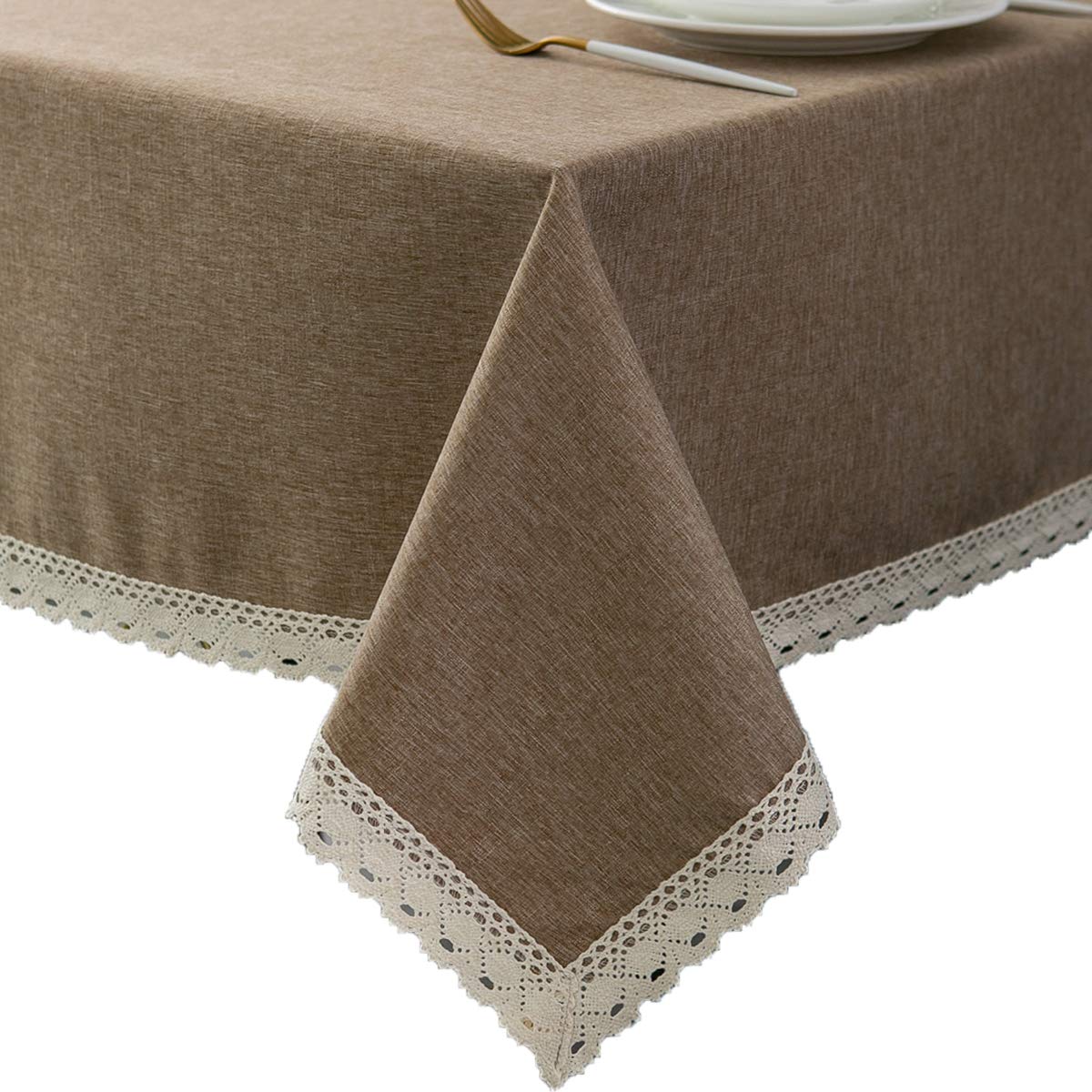 EHouseHome faux linen tablecloth with lace edge adds vintage elegance to dining setup