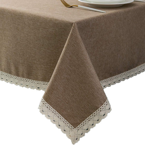 EHouseHome faux linen tablecloth with lace edge adds vintage elegance to dining setup