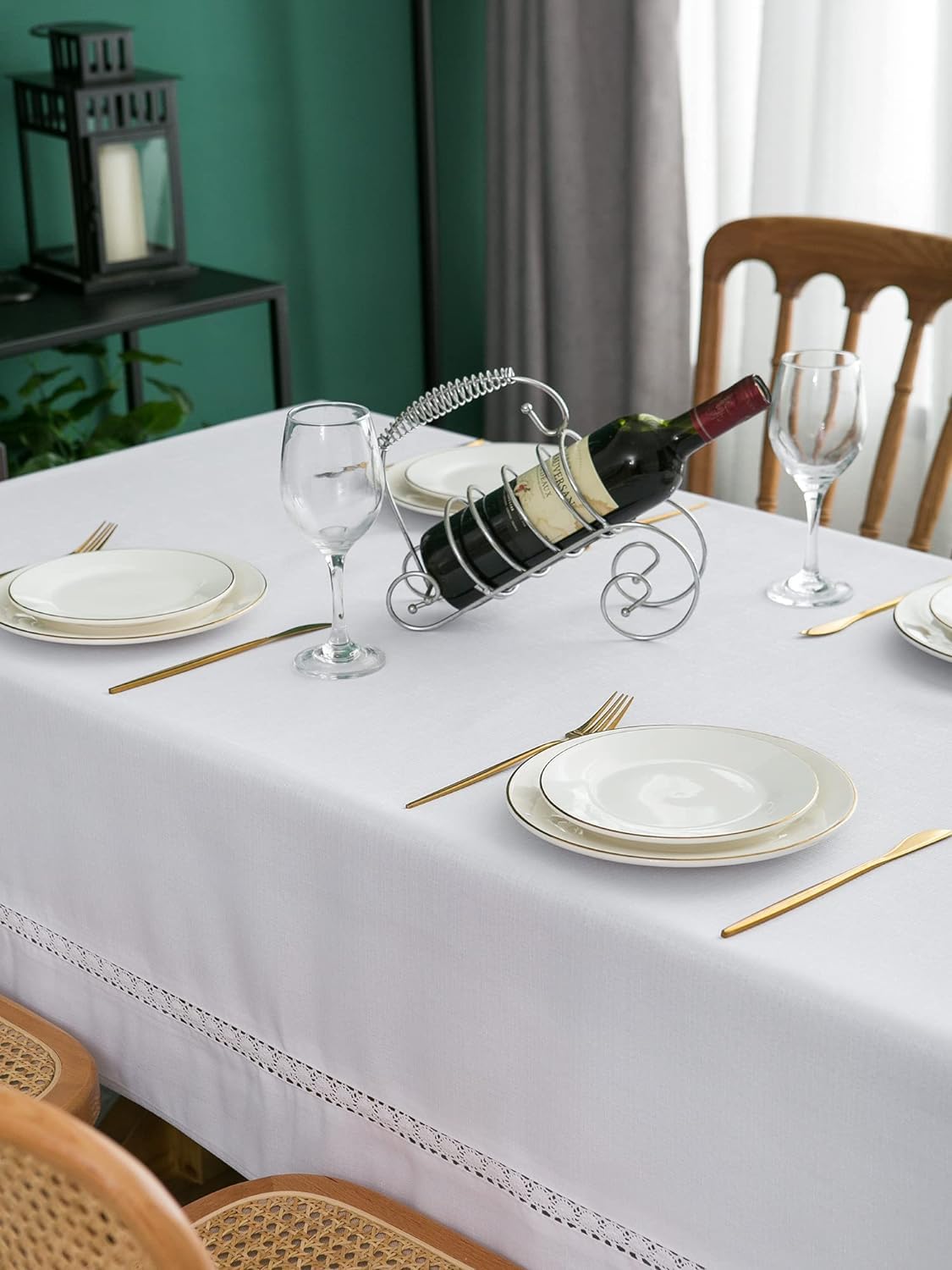 EHouseHome outdoor-friendly white lace table cloth for patio dining.