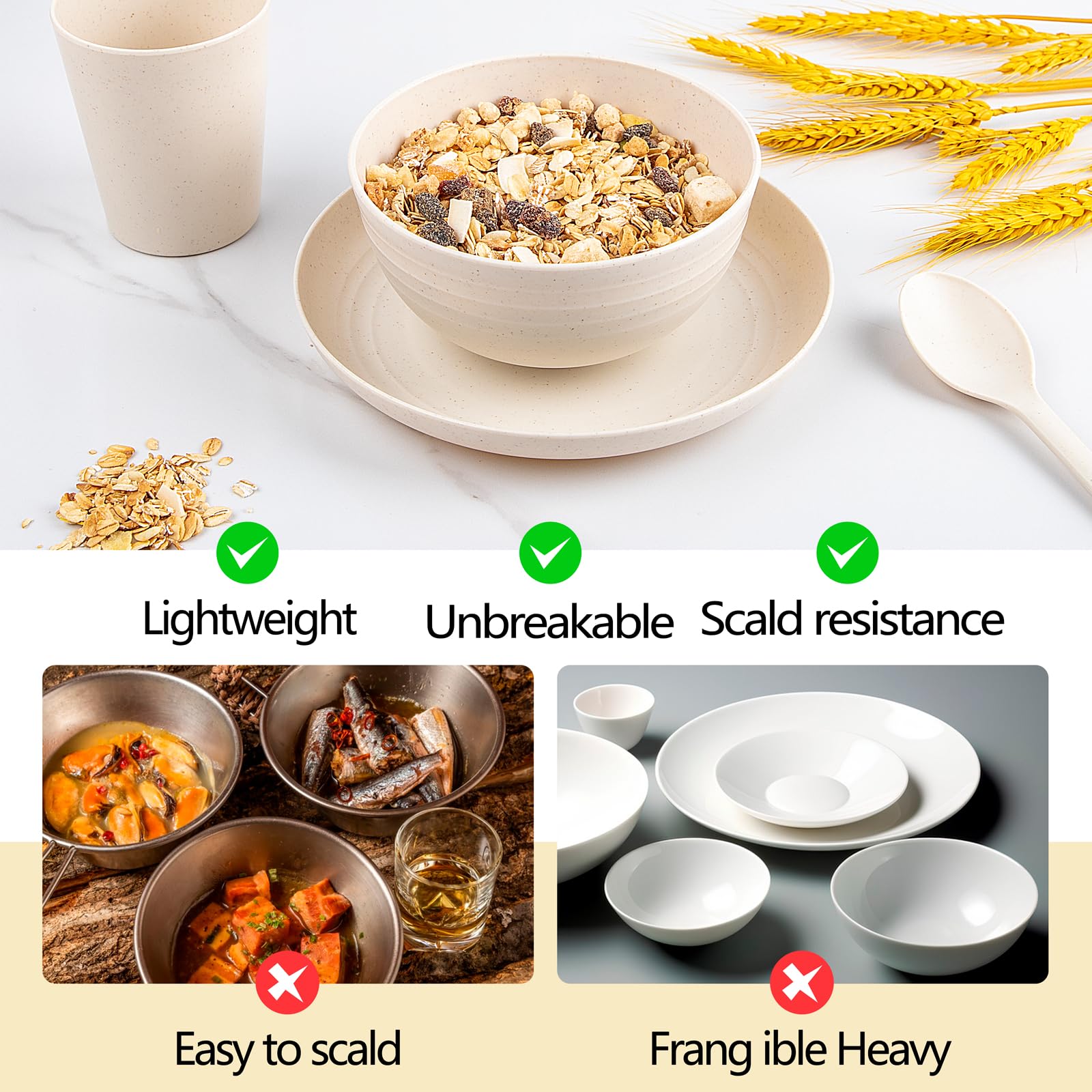 ejonirinjonir EI 42pcs wheat straw dinnerware set bowls—versatile for soups, cereals, and snacks.