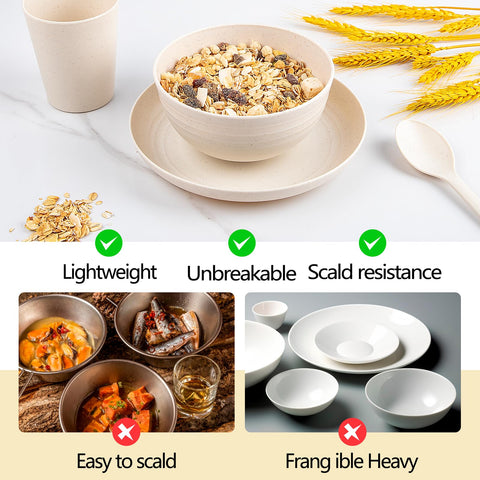 ejonirinjonir EI 42pcs wheat straw dinnerware set bowls—versatile for soups, cereals, and snacks.