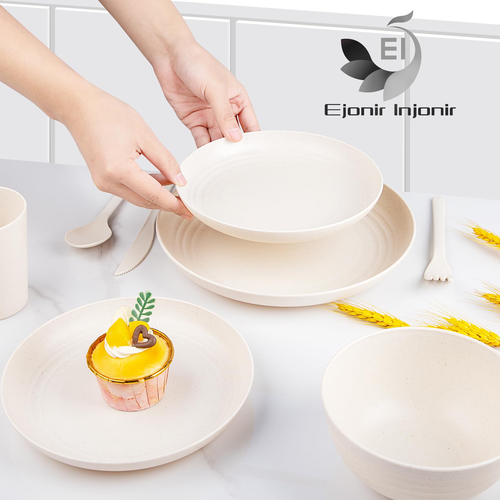 ejonirinjonir EI 42pcs wheat straw dinnerware set cups—stackable and dishwasher friendly for quick cleanup.