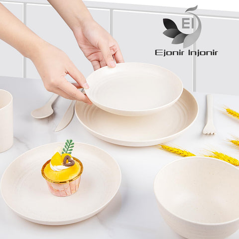 ejonirinjonir EI 42pcs wheat straw dinnerware set cups—stackable and dishwasher friendly for quick cleanup.