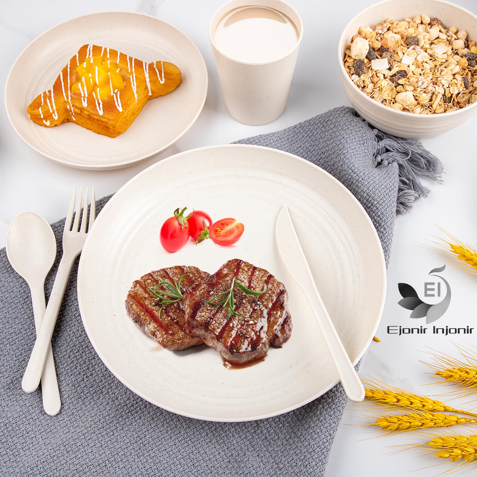 ejonirinjonir EI 42pcs wheat straw dinnerware set dessert plates—lightweight and stackable for easy serving.