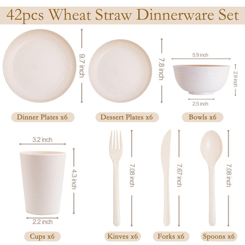 ejonirinjonir EI 42pcs wheat straw dinnerware set dorms—campus-friendly, portable dinnerware.