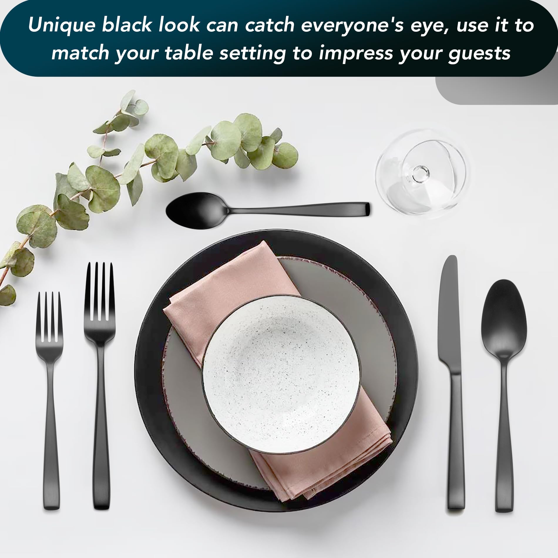 EIUBUIE matte black flatware on a modern kitchen counter.