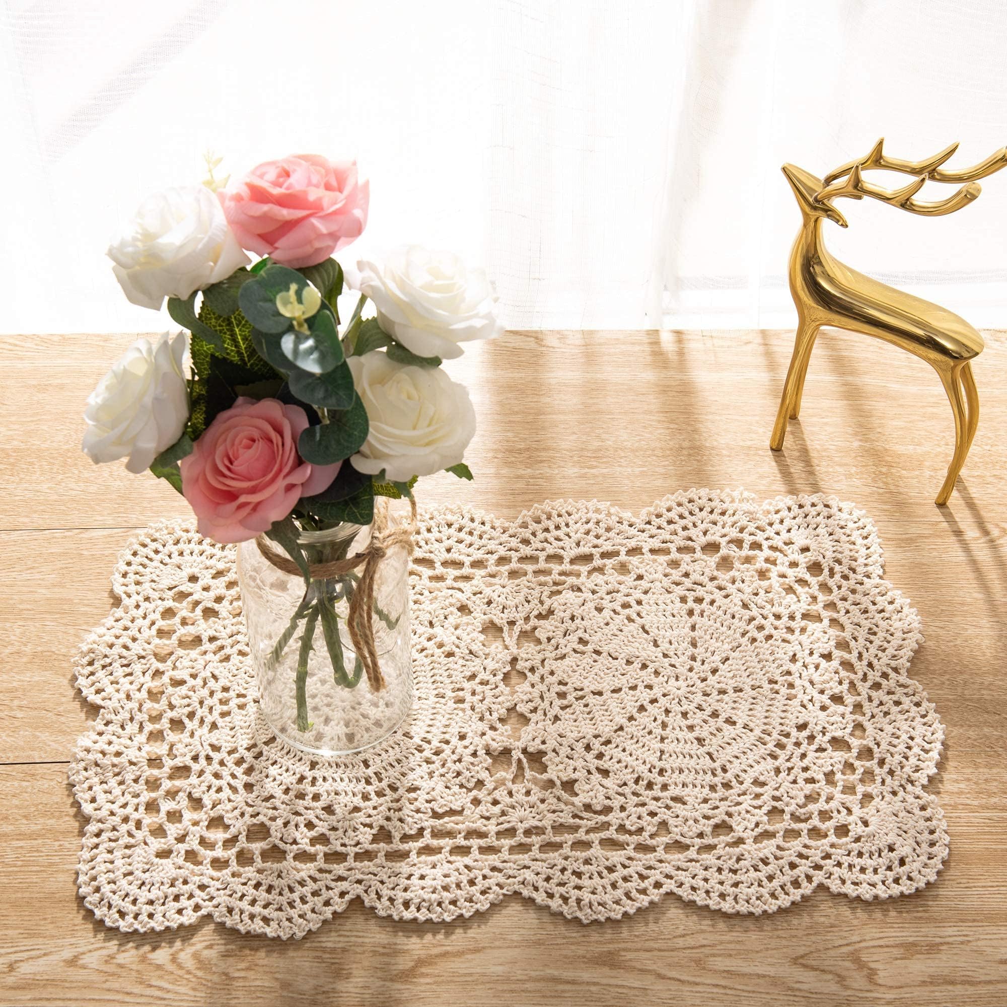 Eiyye handmade rectangle doilies in beige flatlay showing crochet texture for stylish tabletops.
