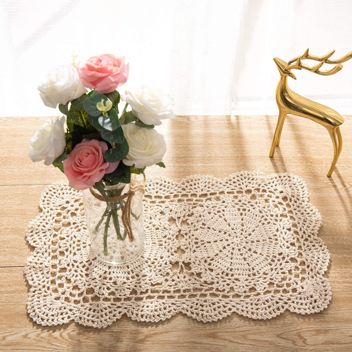 Eiyye handmade rectangle doilies in beige flatlay showing crochet texture for stylish tabletops.