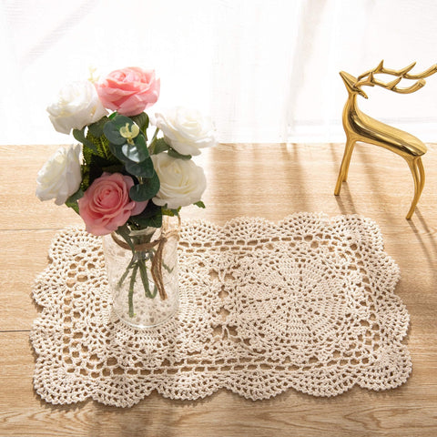 Eiyye handmade rectangle doilies in beige flatlay showing crochet texture for stylish tabletops.