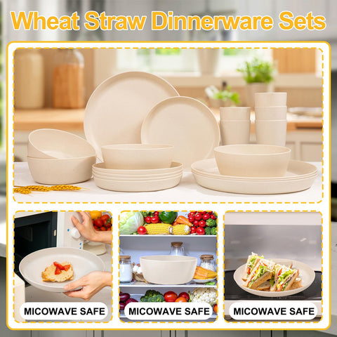 Stackable and space saving EI 24pcs Wheat Straw Dinnerware Set for storage