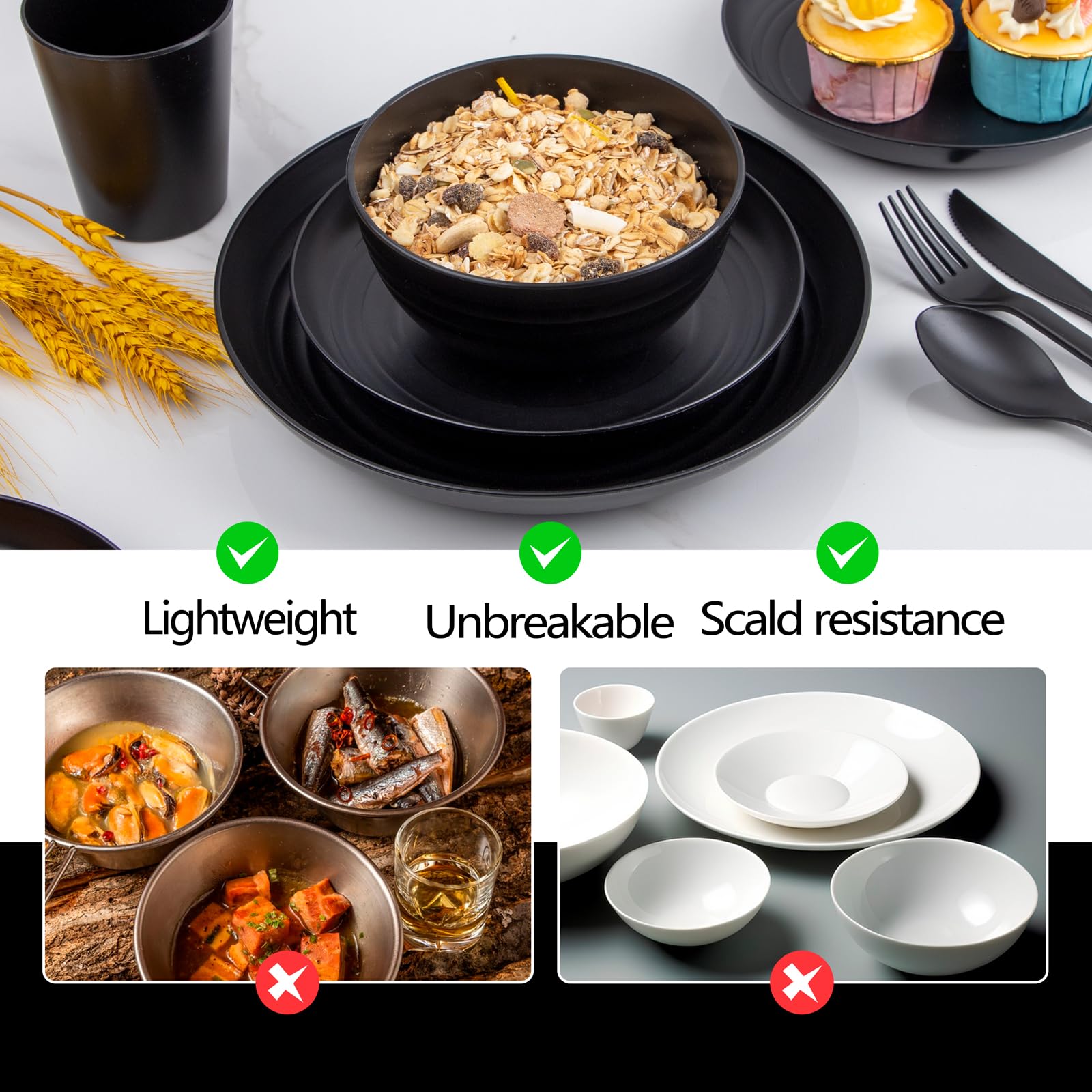 Ejonirinjonir EI 42pcs wheat straw dinnerware set bowls, versatile serving for snacks.
