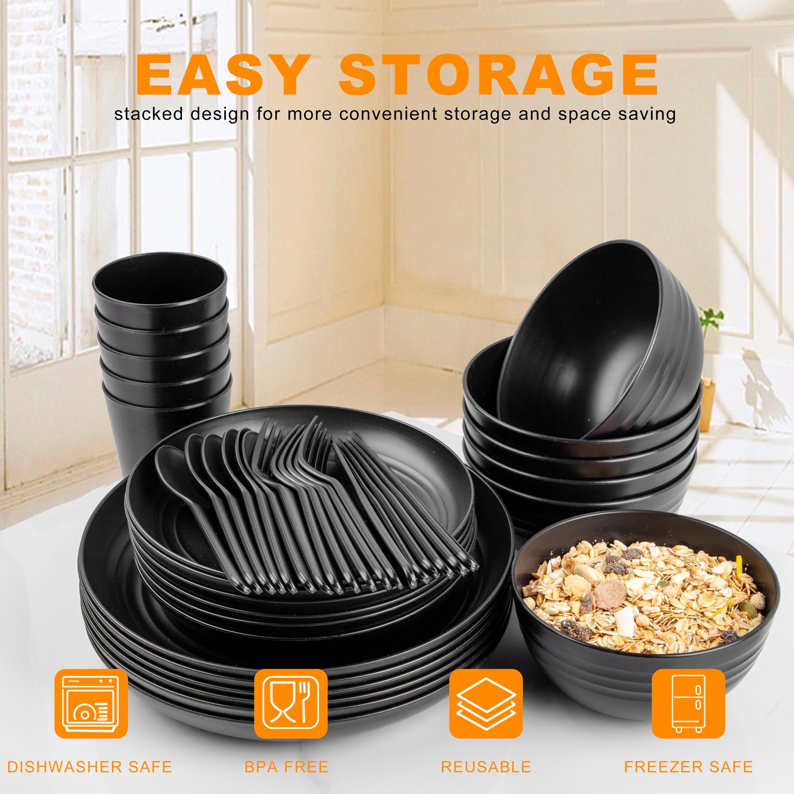 Ejonirinjonir EI 42pcs wheat straw dinnerware set cups, lightweight for picnics.