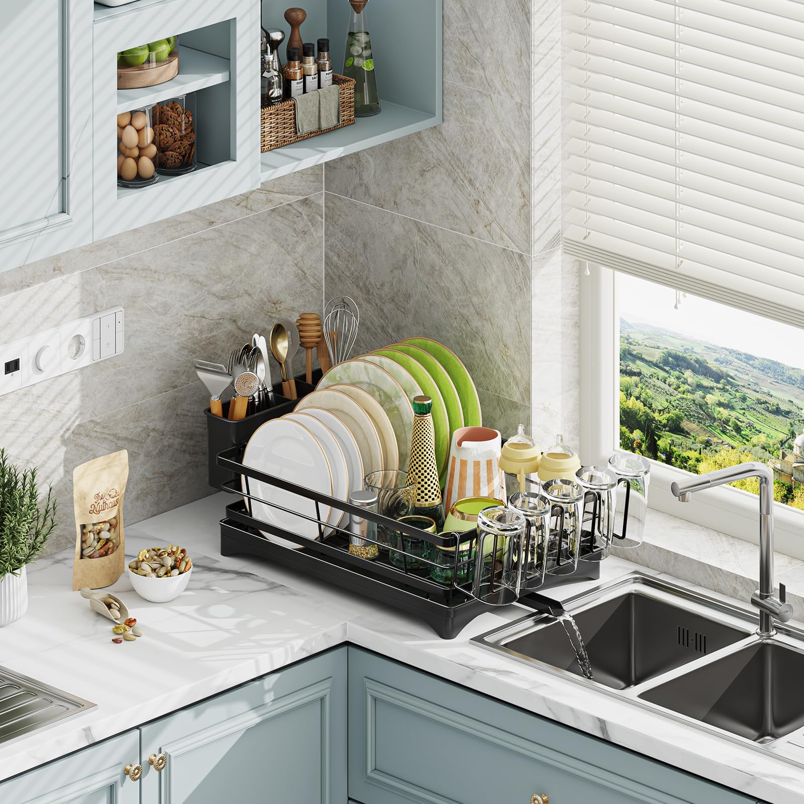 Ekisemio dish rack swivel-drain directs water into sink, keeping countertops dry
