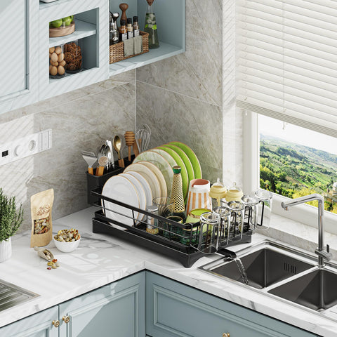 Ekisemio dish rack swivel-drain directs water into sink, keeping countertops dry