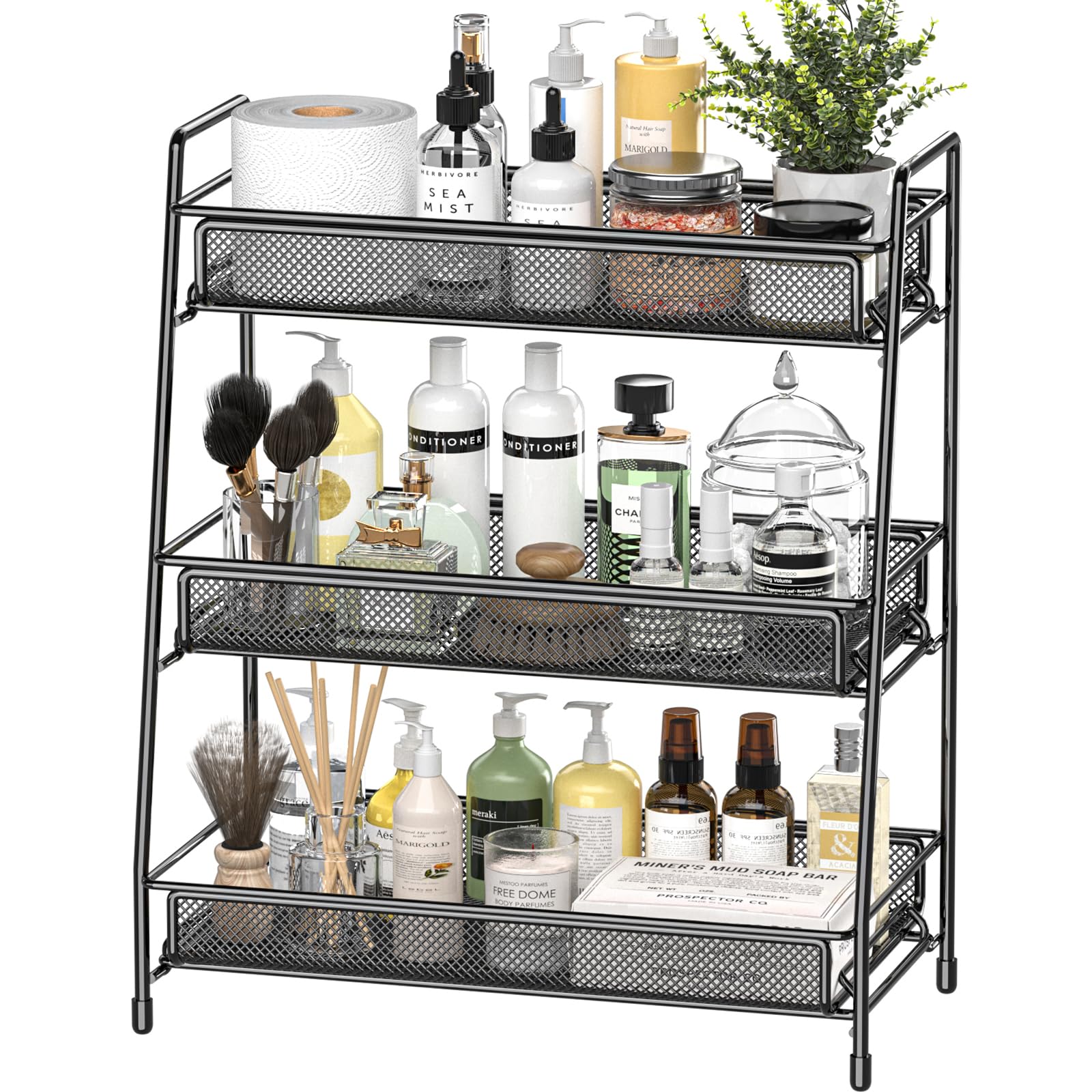 EKNITEY 3-tier countertop organizer rack keeps cosmetics neatly accessible.