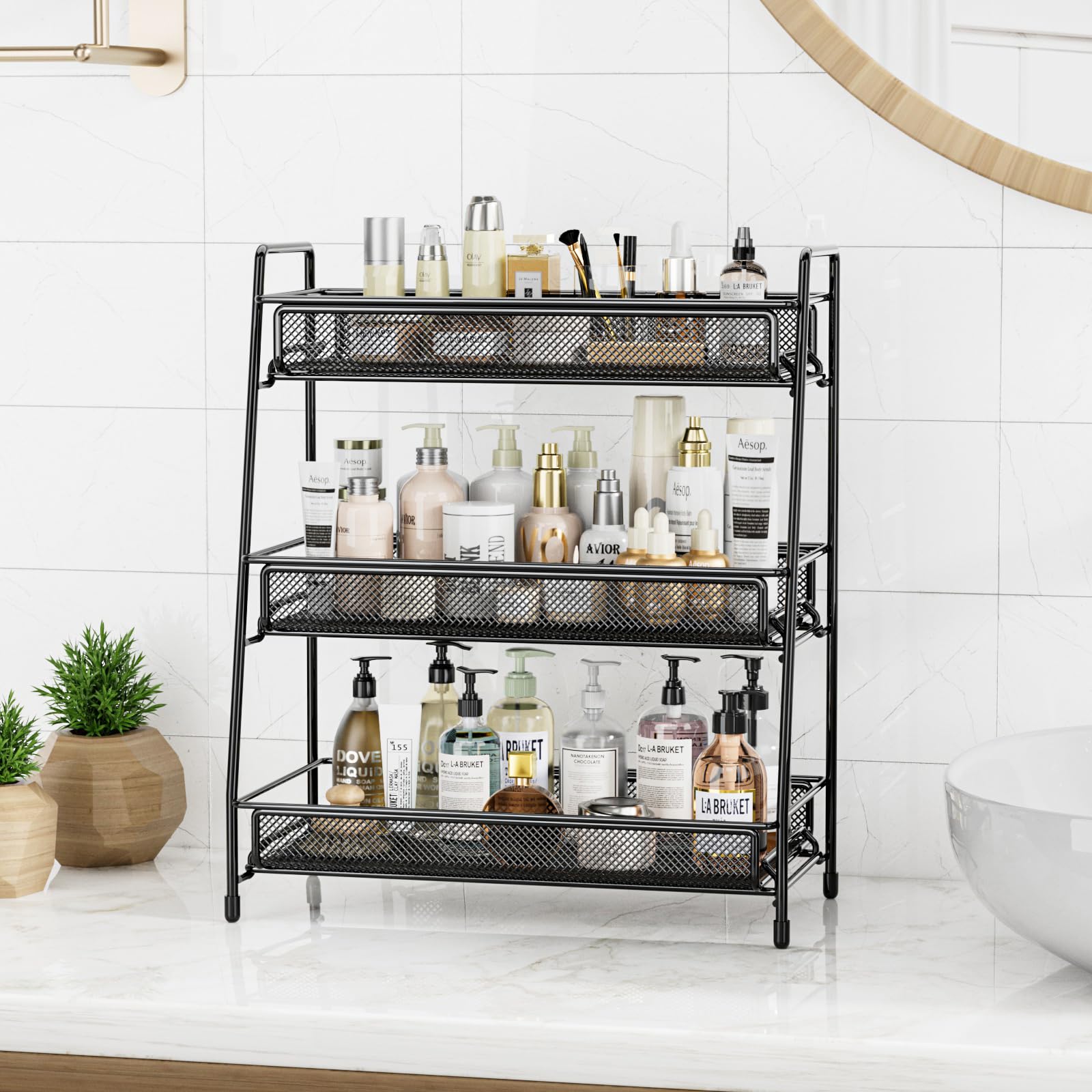 EKNITEY metal makeup rack keeps skincare organized and within reach.