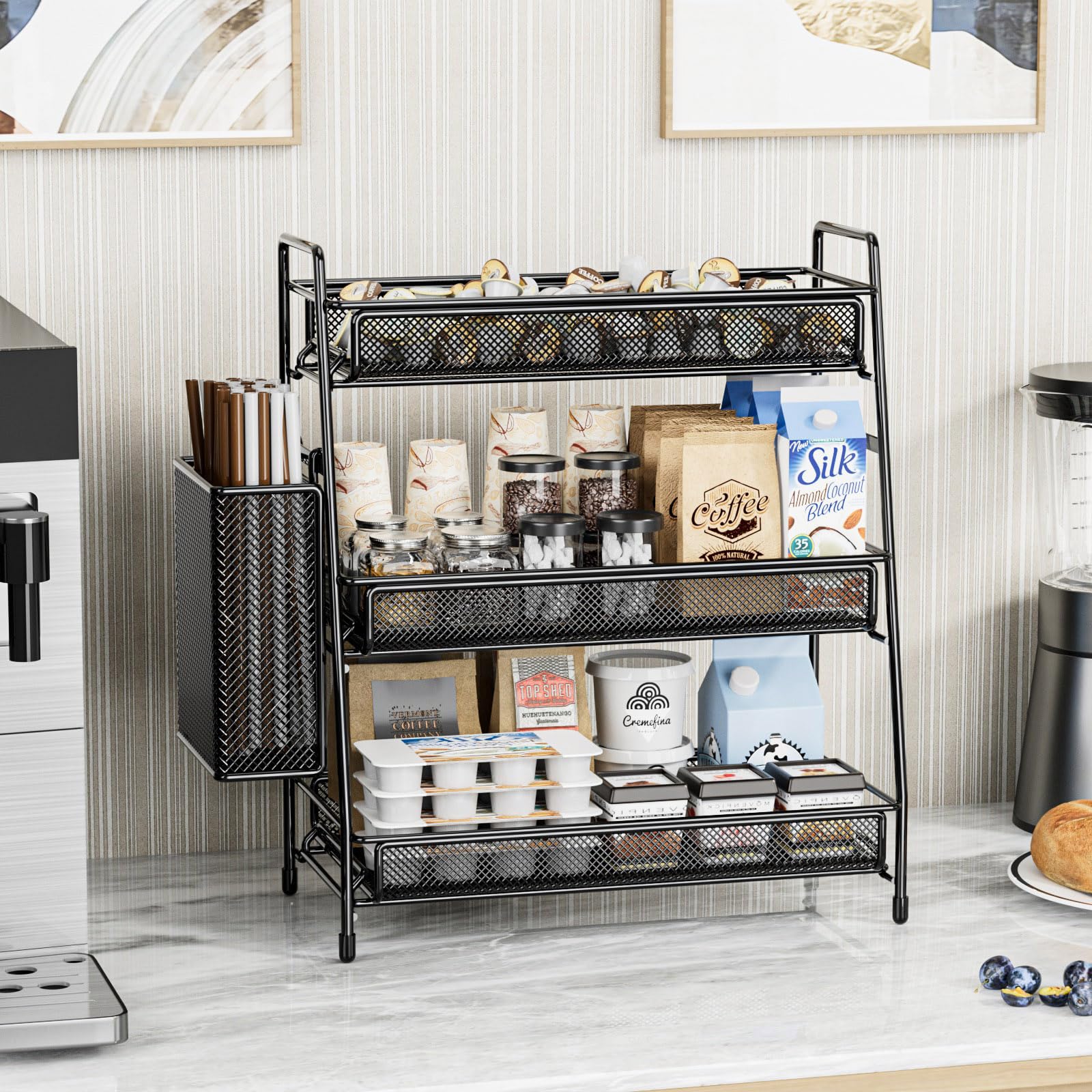 Kitchen spices stored on a compact rack for easy access.