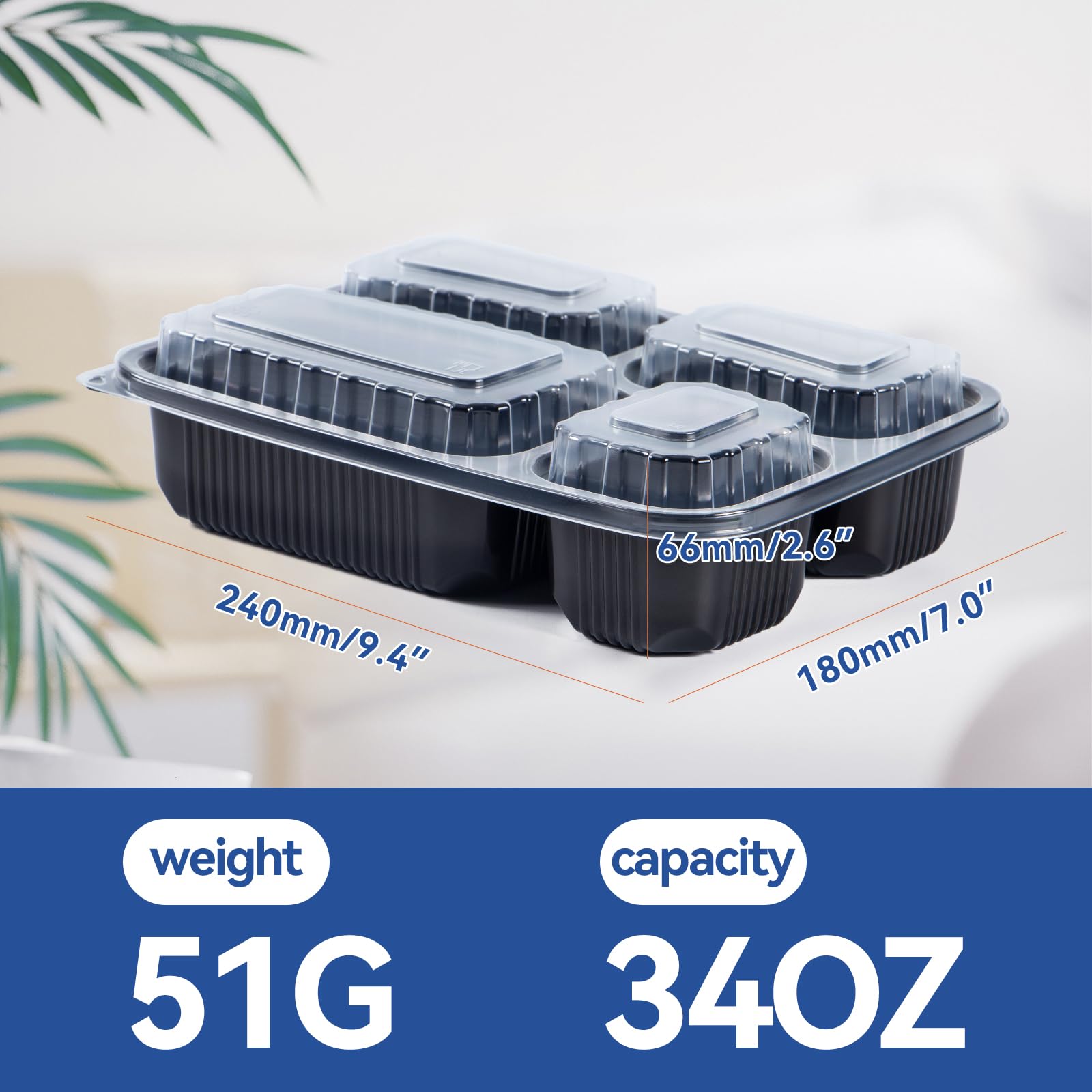 EKOSAVOR rectangular 9.5x7x1.9 inch four-compartment bento box