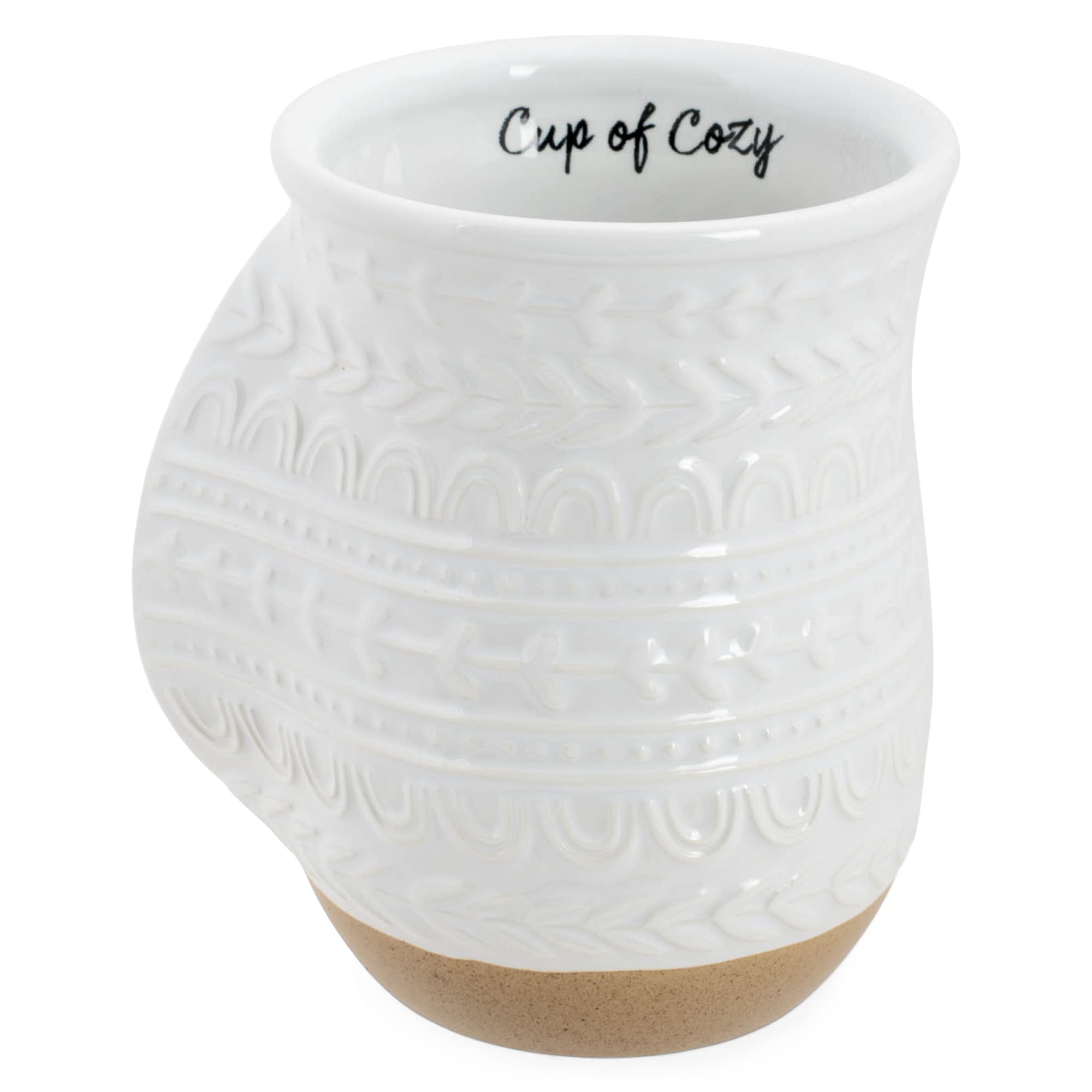 Elanze Cup of Cozy Nordic Knit mug close-up showing textured farmhouse glaze.