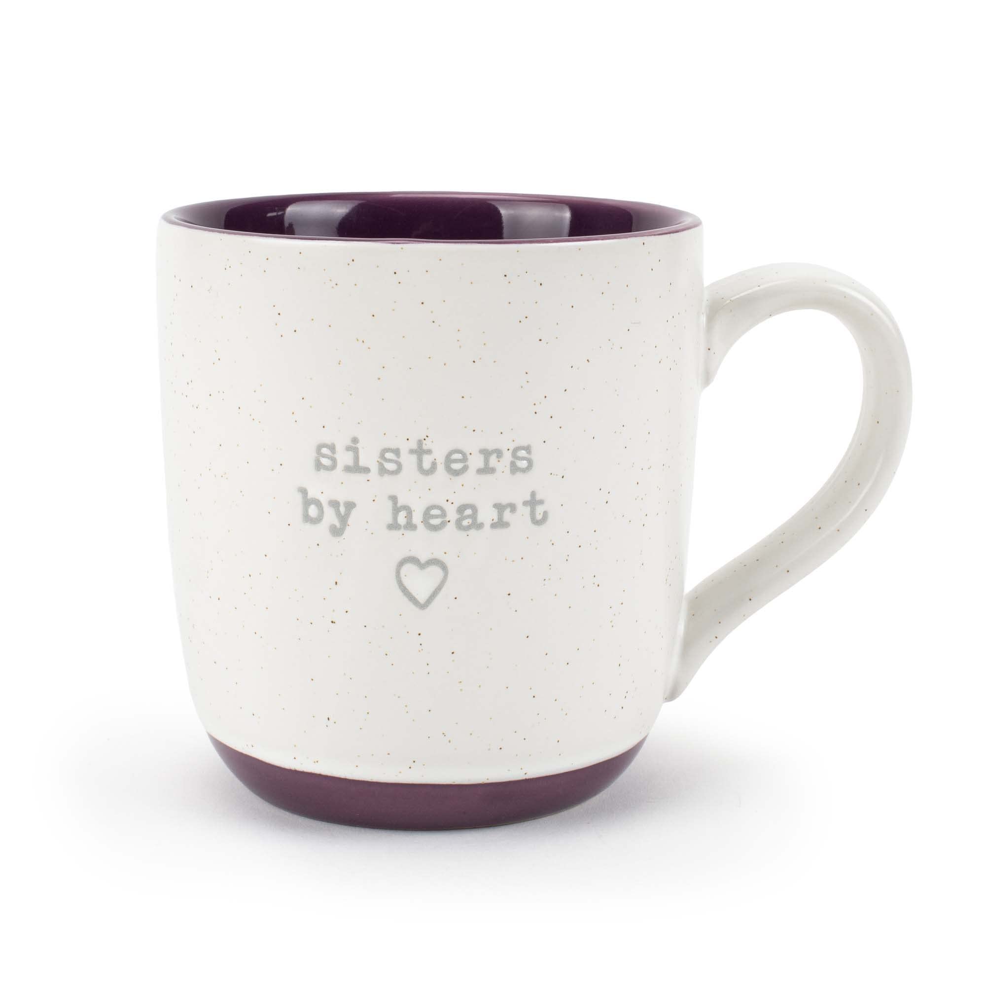 Elanze Designs Sisters By Heart speckled purple mug front view for daily coffee.