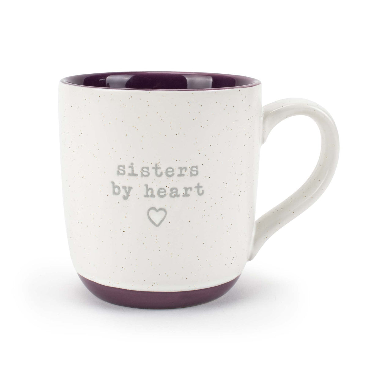 Elanze Designs Sisters By Heart speckled purple mug front view for daily coffee.