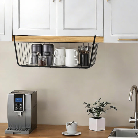 ELEATTRUN undershelf basket fits bookshelves, freeing shelf space for favorites.