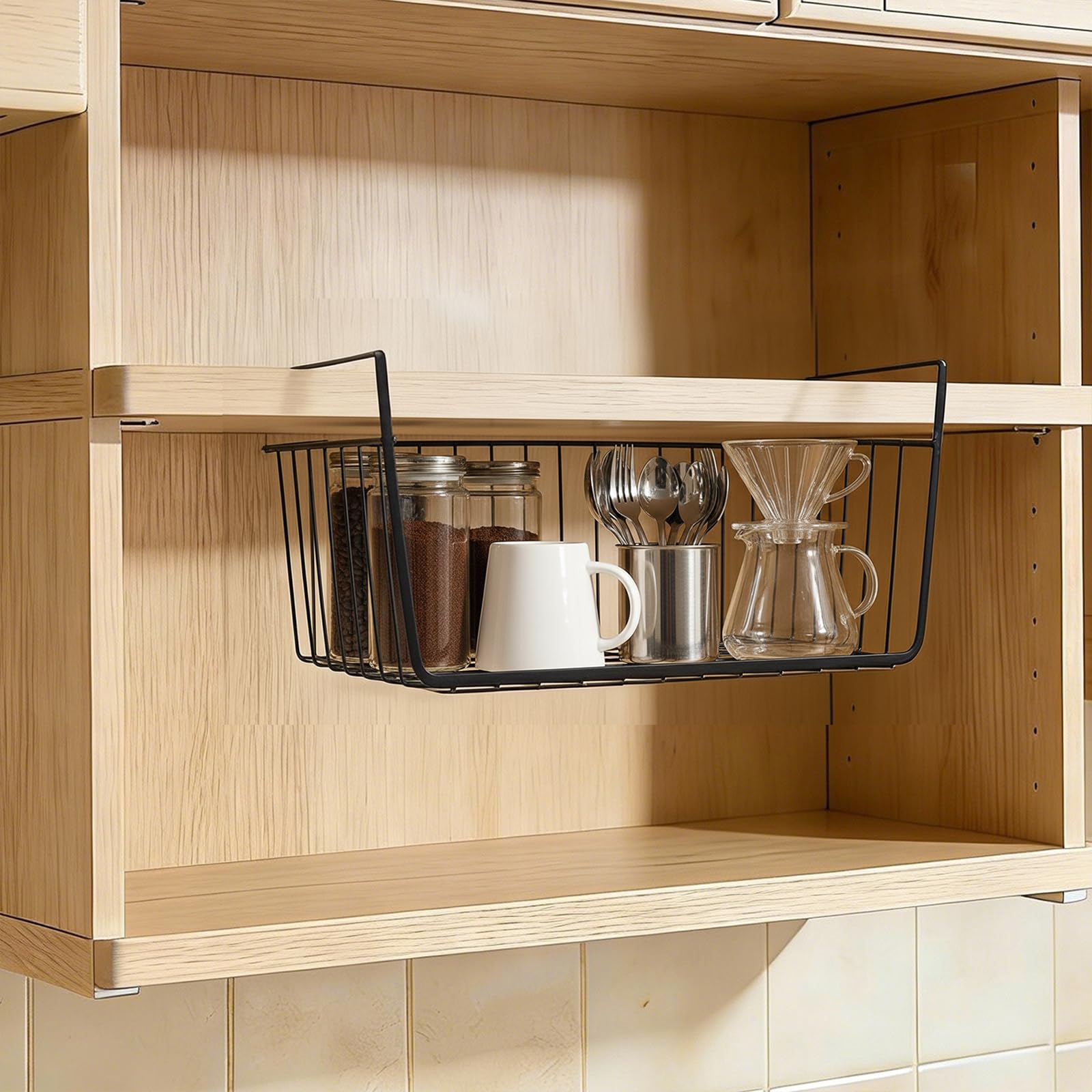 ELEATTRUN undershelf basket ideal for cabinet storage, keeping items visible and reachable.