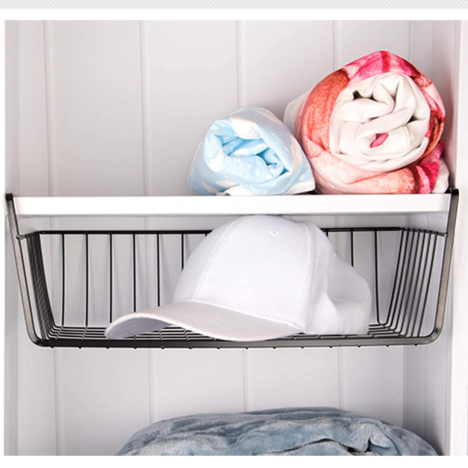 ELEATTRUN undershelf basket slides onto shelves with no tools required.